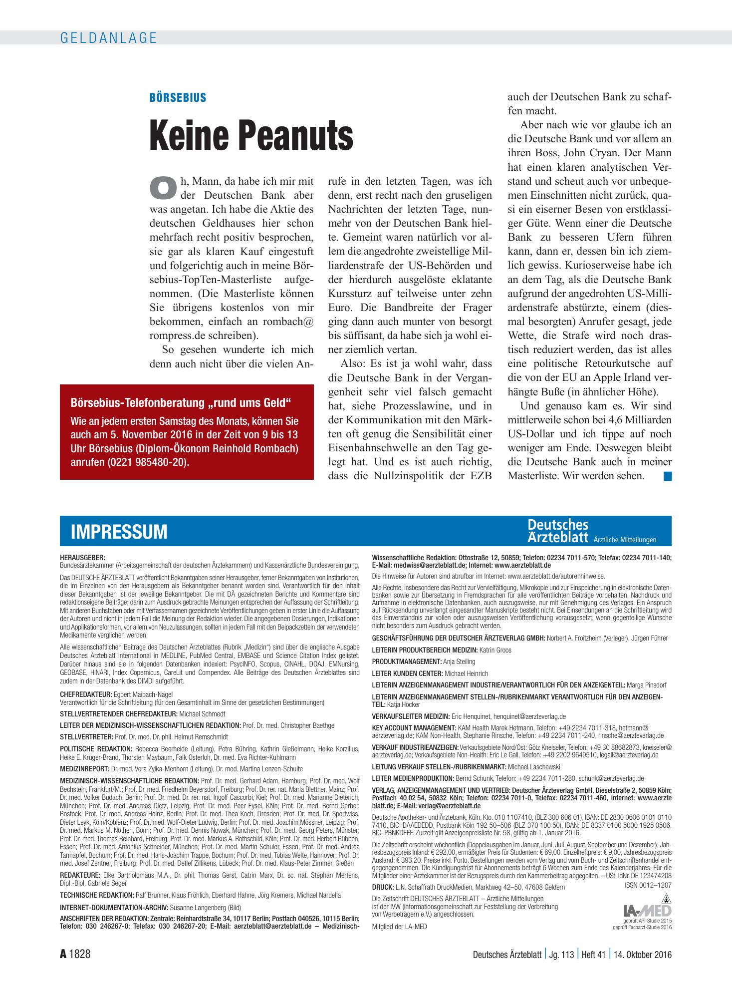 Vorschauseite 1: Börsebius: Keine Peanuts – Deutsches Ärzteblatt