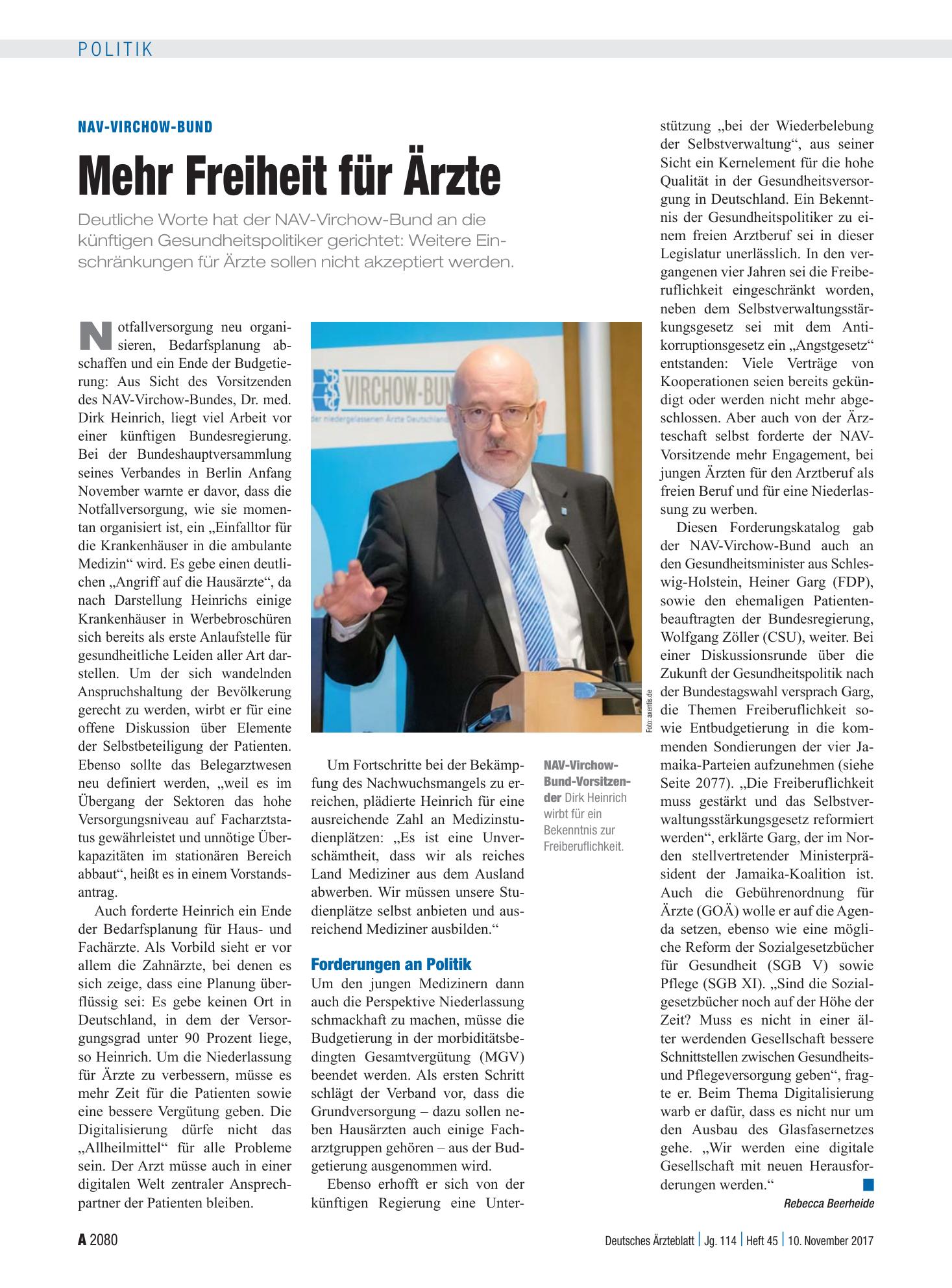 Vorschauseite 1: NAV-Virchow-Bund: Mehr Freiheit für Ärzte – Deutsches Ärzteblatt