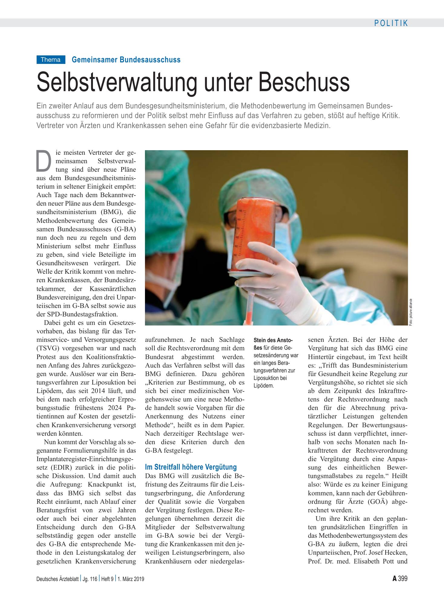 Vorschauseite 1: Gemeinsamer Bundesausschuss: Selbstverwaltung unter Beschuss – Deutsches Ärzteblatt