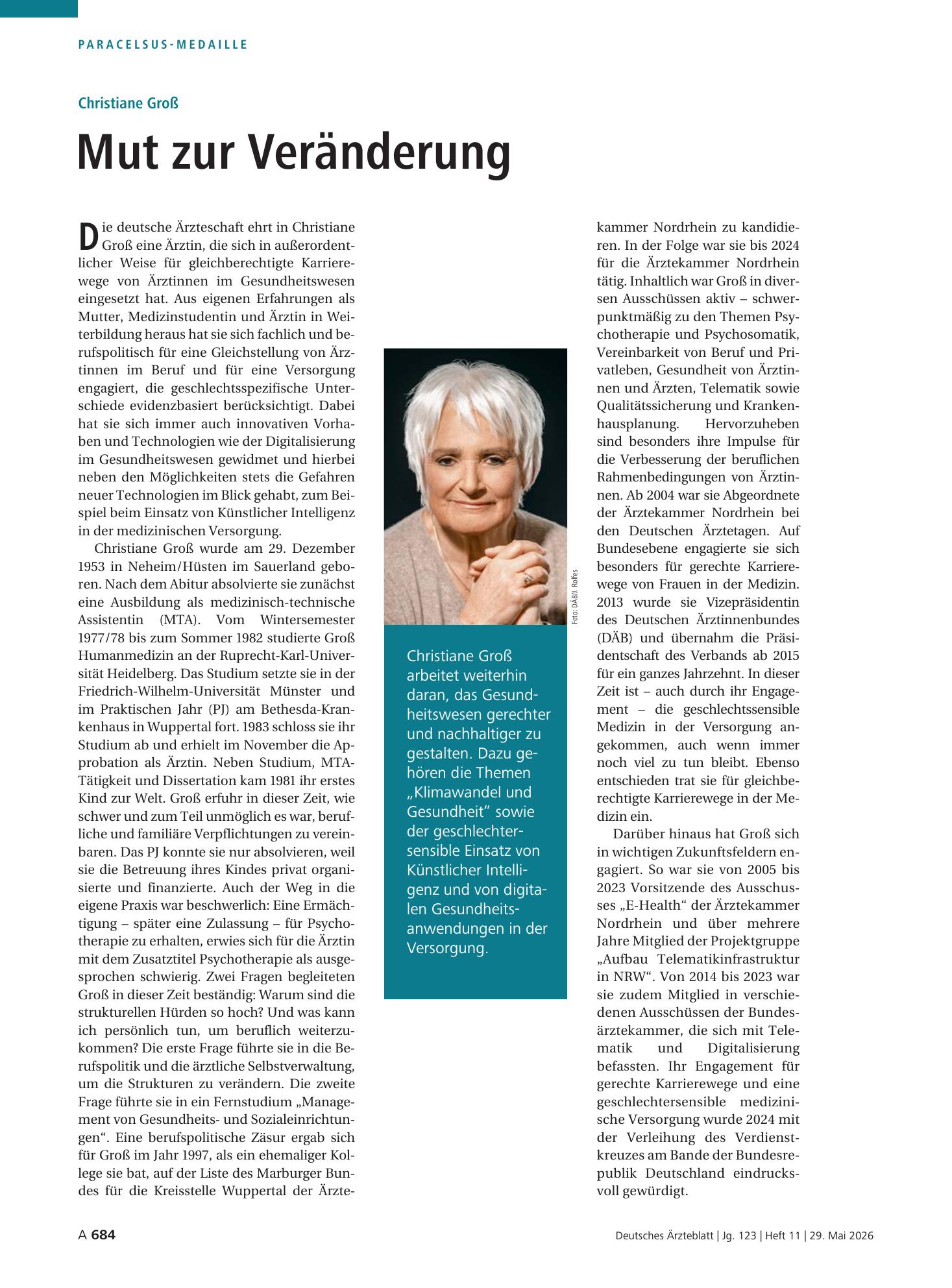 Vorschauseite 1: Christiane Groß: Mut zur Veränderung – Deutsches Ärzteblatt
