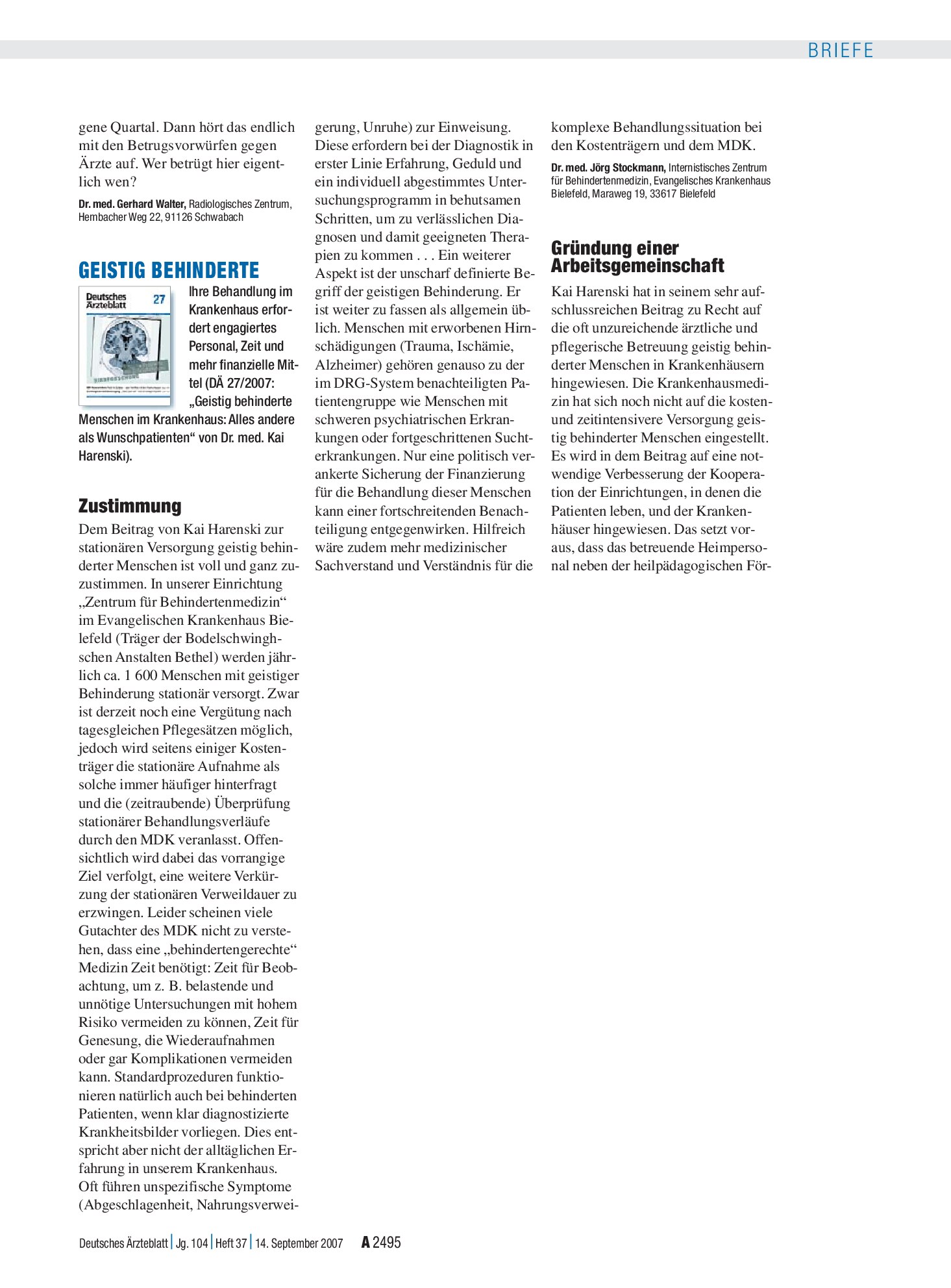 Vorschauseite 1: Geistig Behinderte: Zustimmung – Deutsches Ärzteblatt