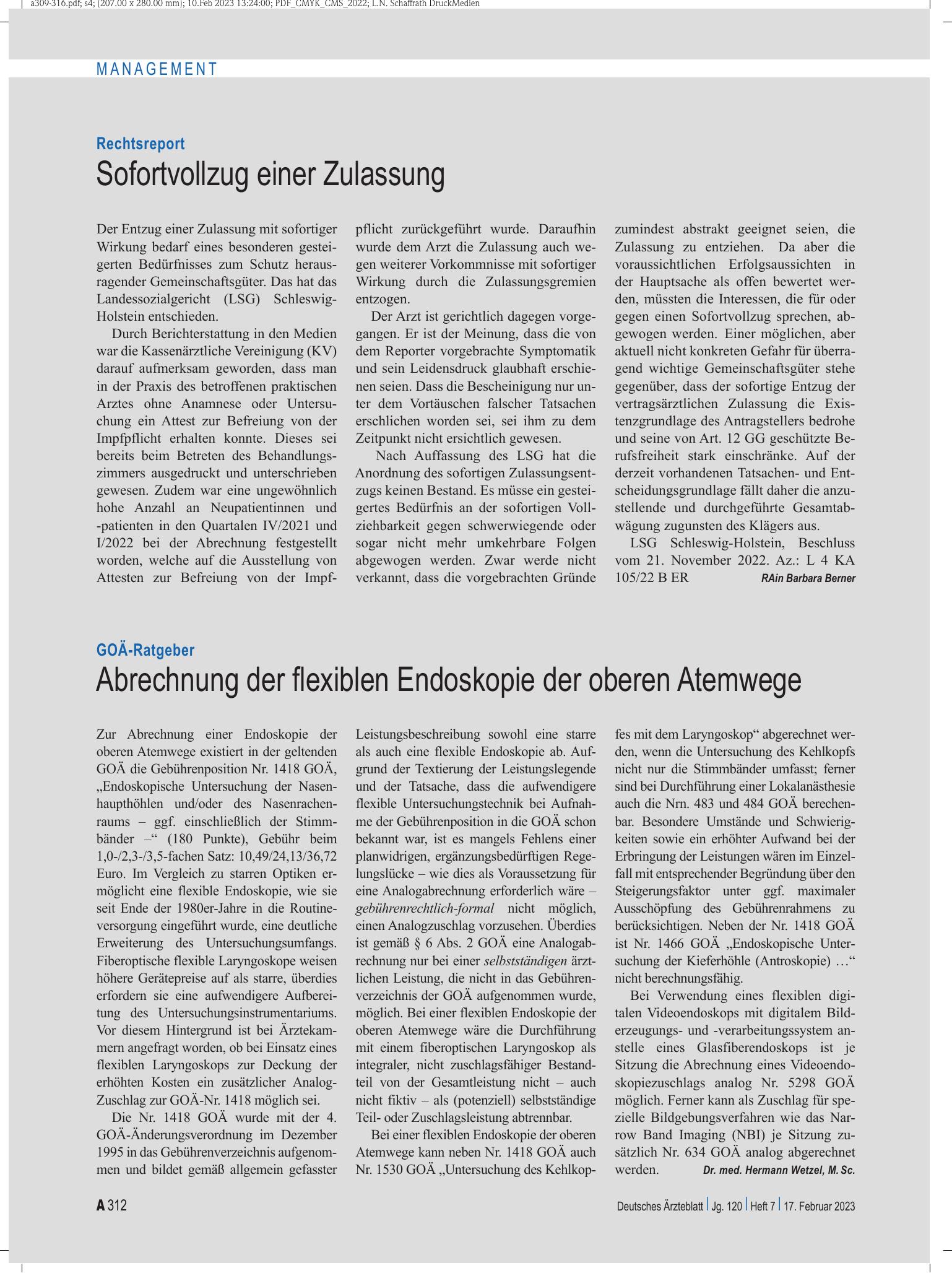 Vorschauseite 1: Rechtsreport: Sofortvollzug einer Zulassung – Deutsches Ärzteblatt
