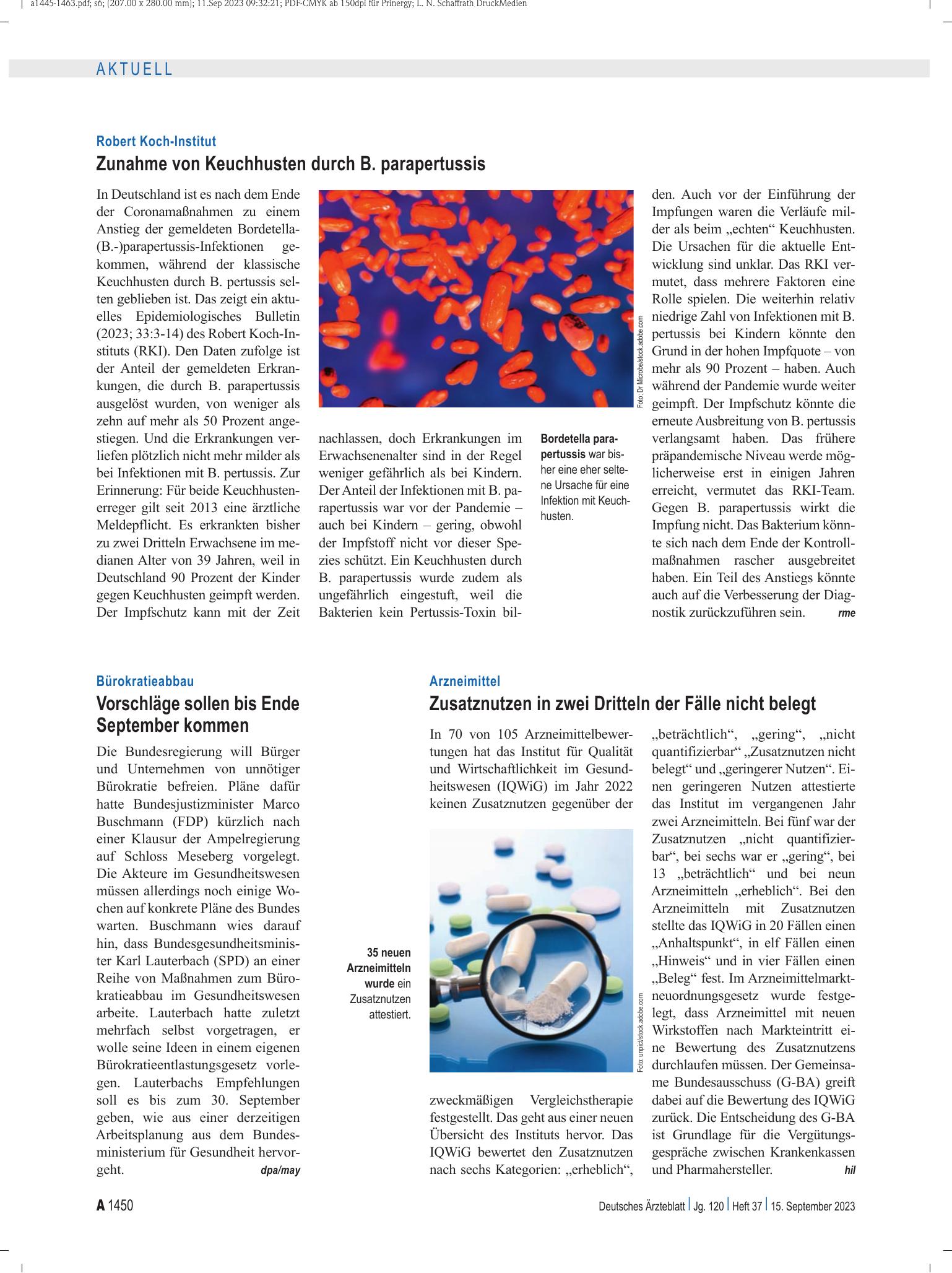 Vorschauseite 1: Robert Koch-Institut: Zunahme von Keuchhusten durch B. parapertussis – Deutsches Ärzteblatt