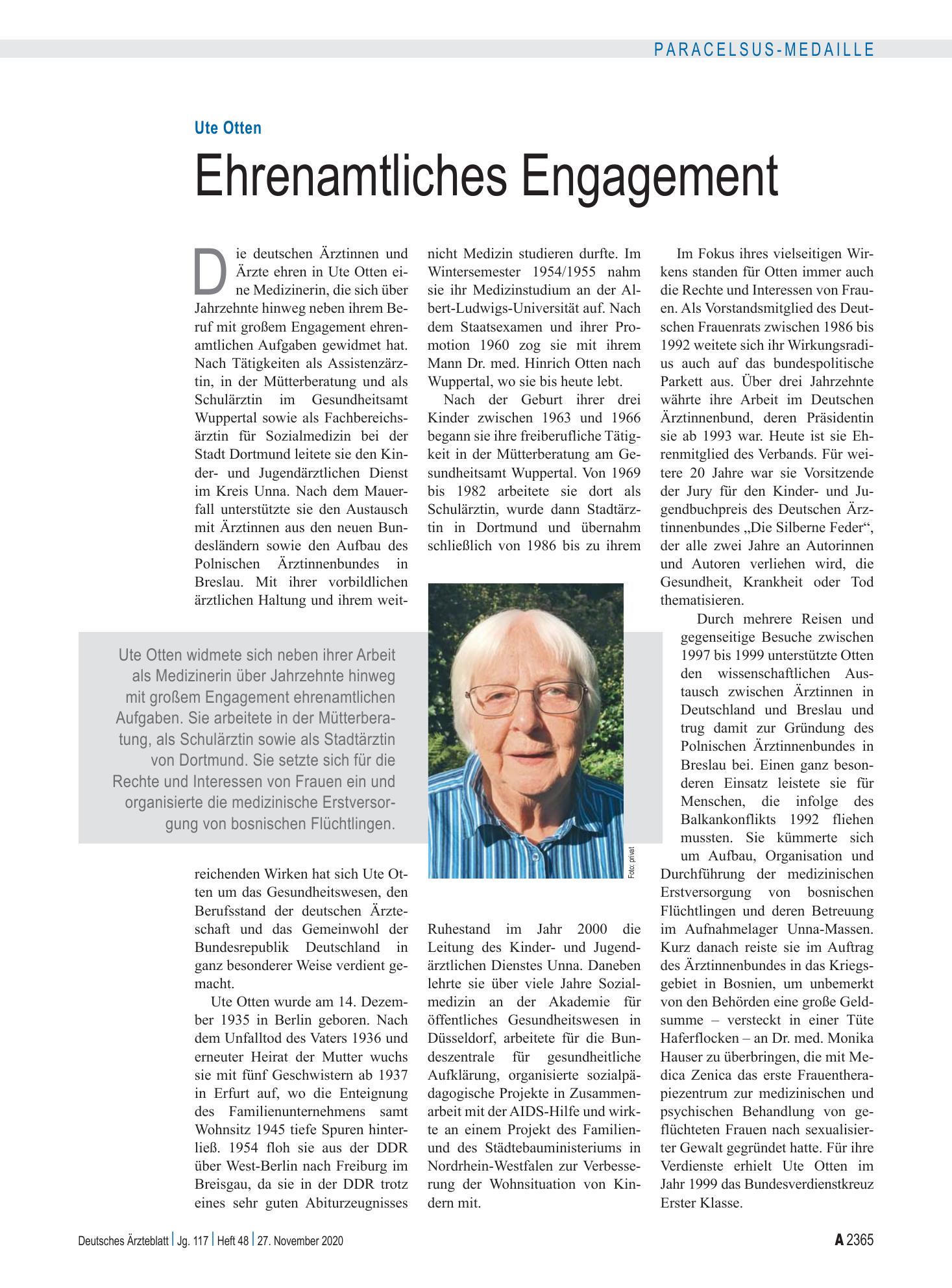 Vorschauseite 1: Ute Otten: Ehrenamtliches Engagement – Deutsches Ärzteblatt