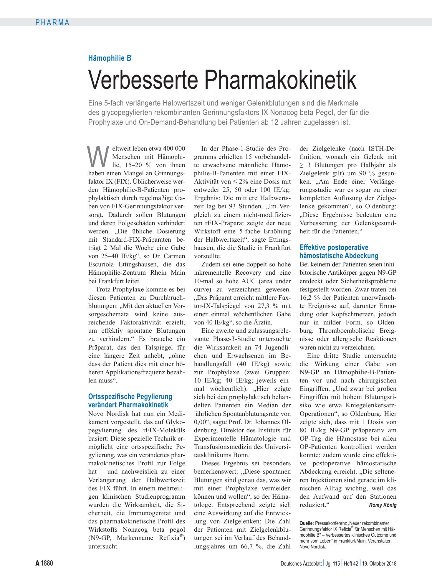 Vorschauseite 1: Hämophilie B: Verbesserte Pharmakokinetik – Deutsches Ärzteblatt