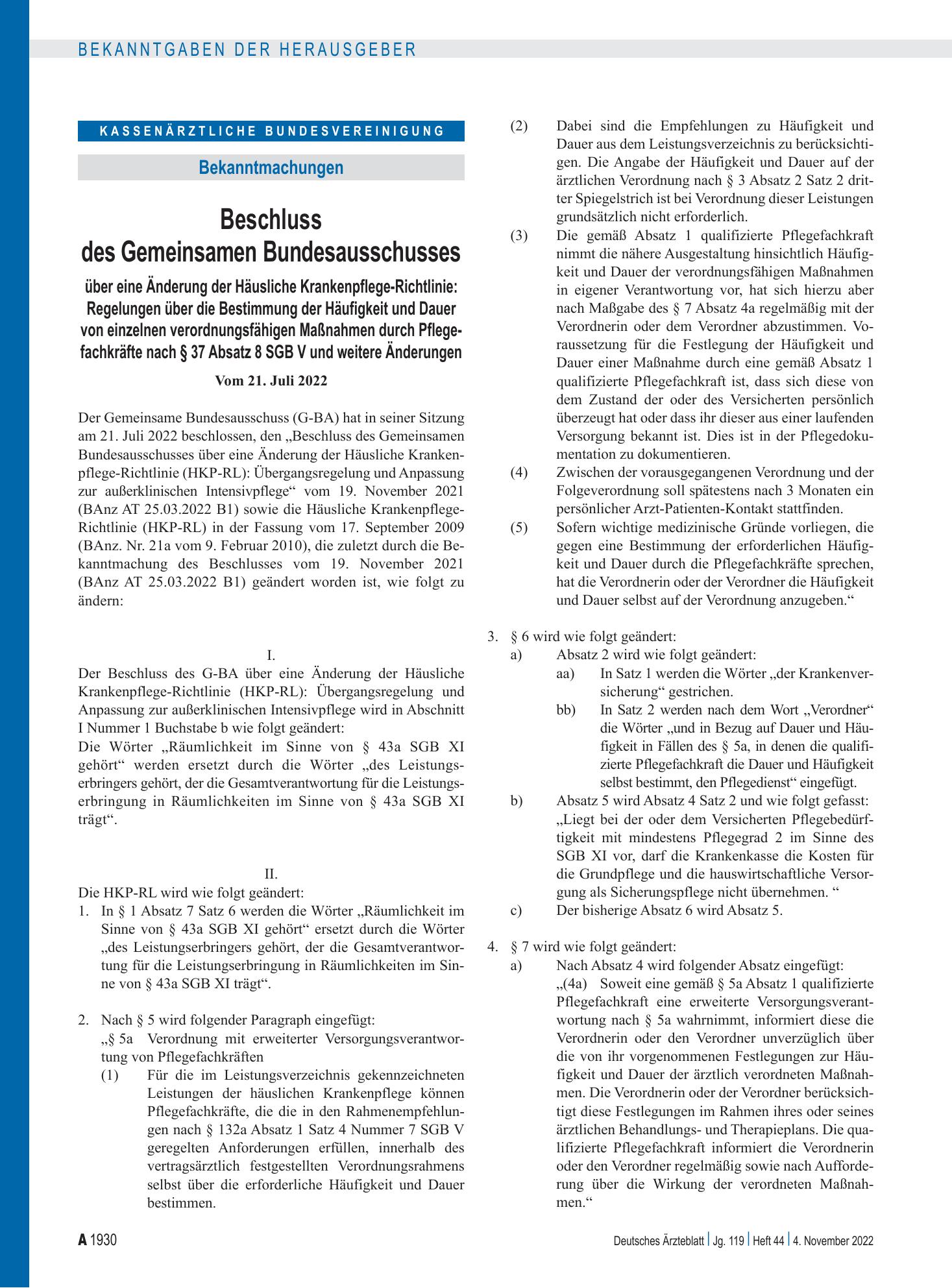 Vorschauseite 1: Beschluss des Gemeinsamen Bundesausschusses über eine Änderung der Häusliche Krankenpflege-Richtlinie – Deutsches Ärzteblatt