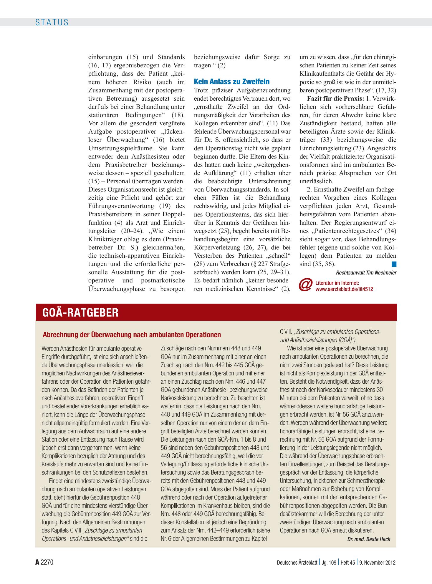 Vorschauseite 1: Abrechnung der Überwachung nach ambulanten Operationen – Deutsches Ärzteblatt