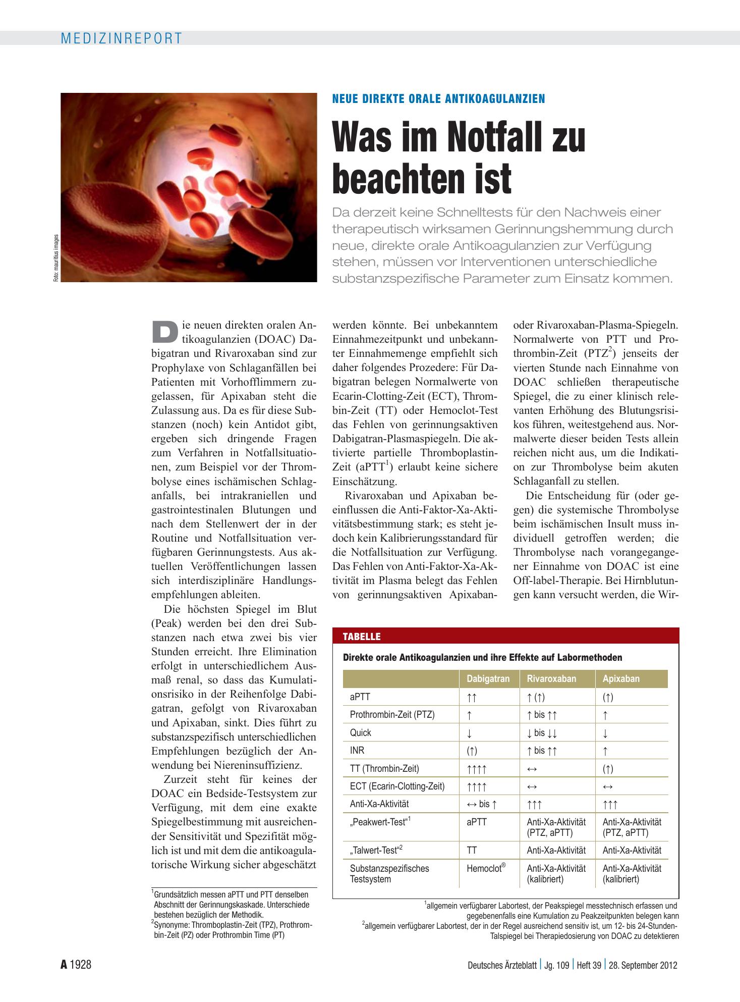 Vorschauseite 1: Neue direkte Orale Antikoagulanzien: Was im Notfall zu beachten ist – Deutsches Ärzteblatt