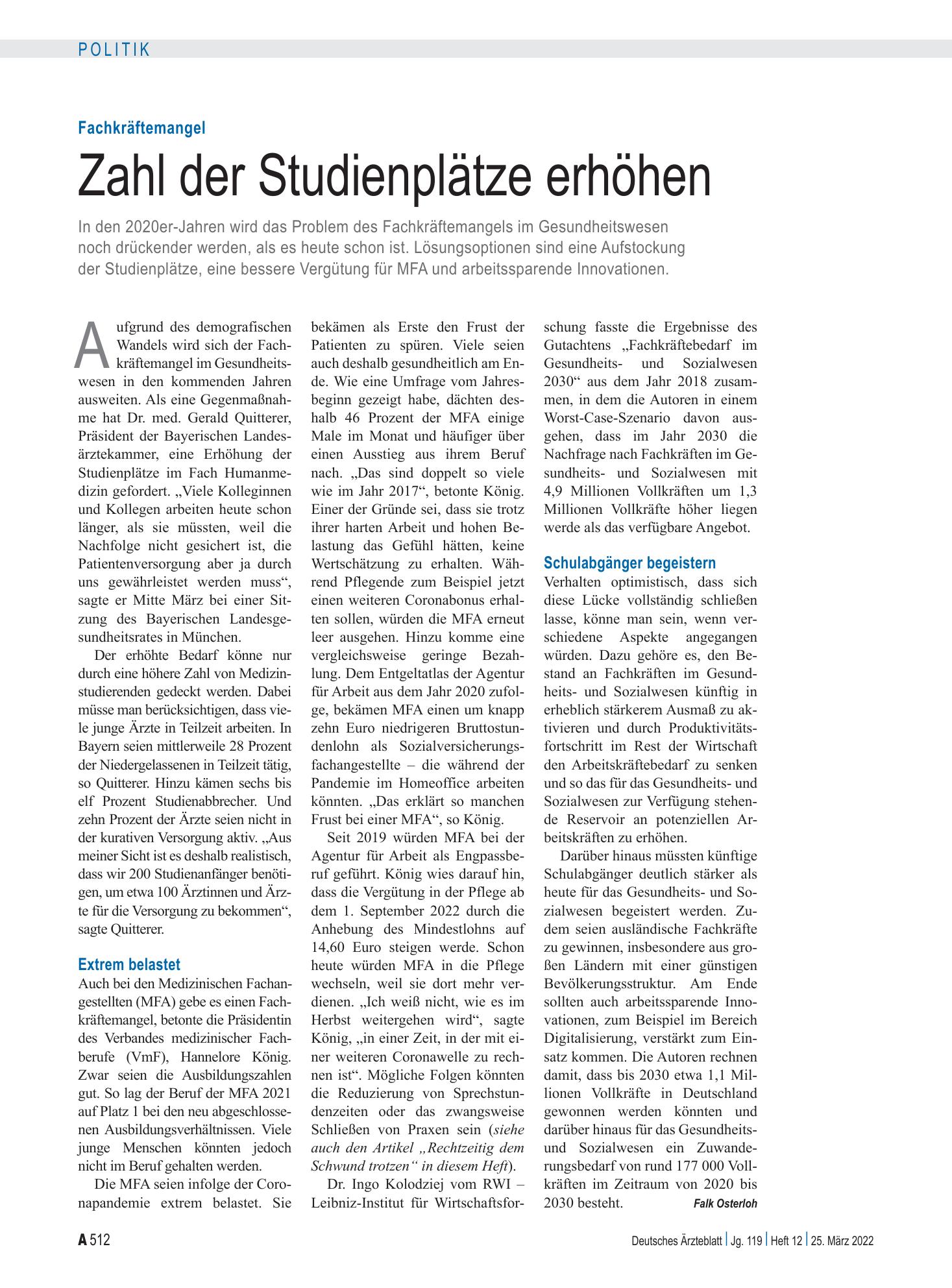 Vorschauseite 1: Fachkräftemangel: Zahl der Studienplätze erhöhen – Deutsches Ärzteblatt