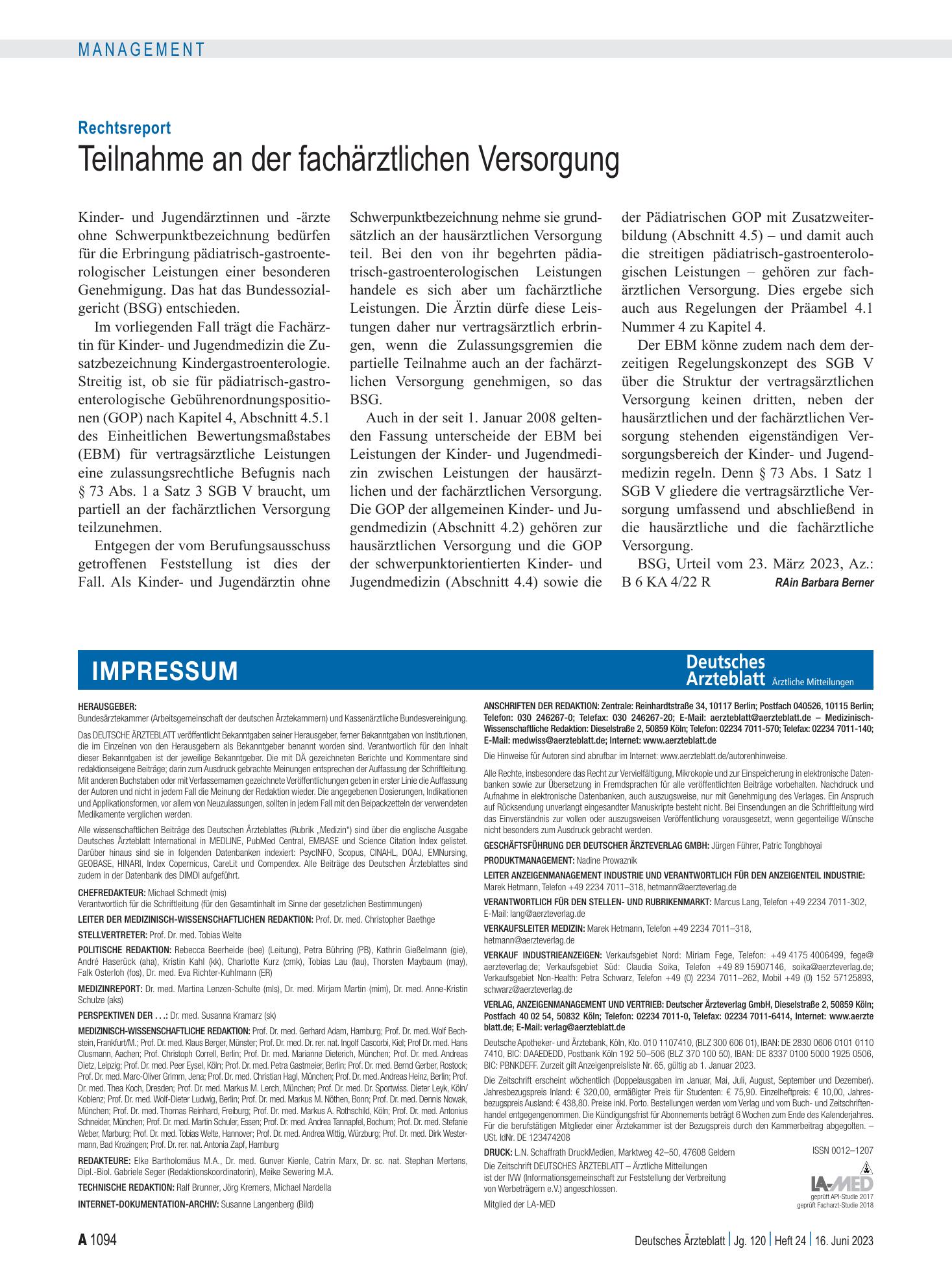 Vorschauseite 1: Rechtsreport: Teilnahme an der fachärztlichen Versorgung – Deutsches Ärzteblatt