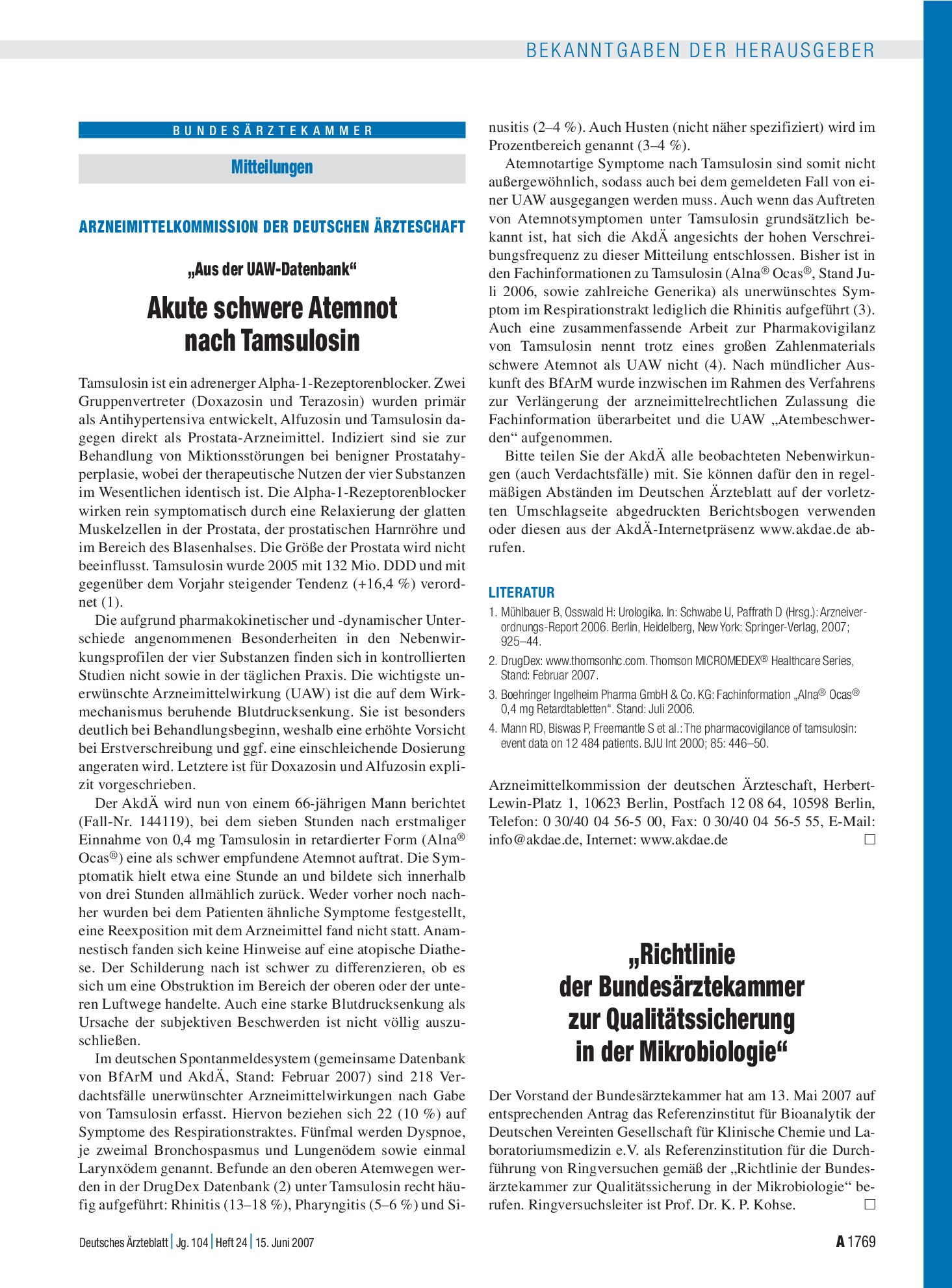 Vorschauseite 1: „Richtlinie der Bundesärztekammer zur Qualitätssicherung in der Mikrobiologie“ – Deutsches Ärzteblatt