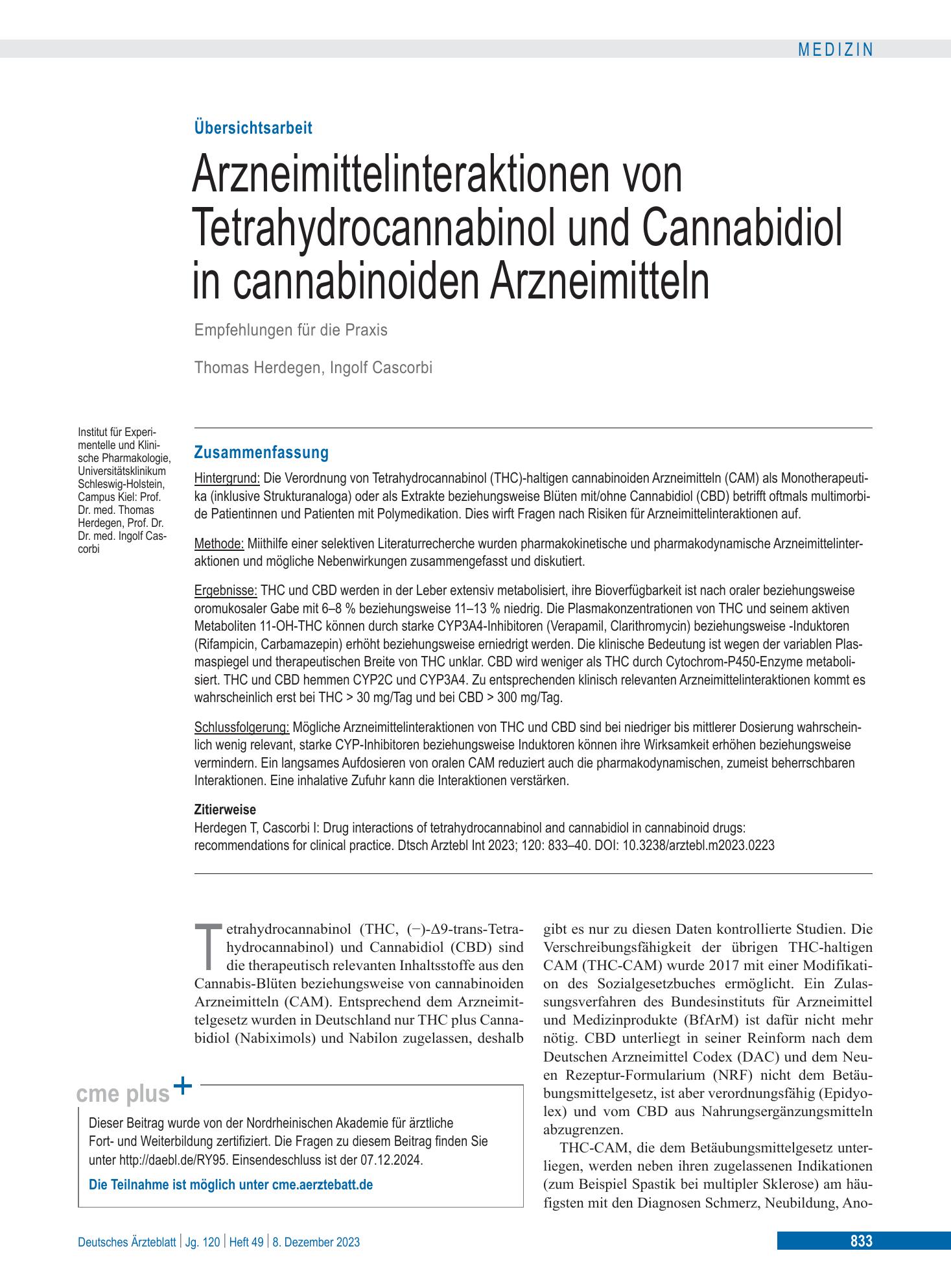 Vorschauseite 1: Arzneimittelinteraktionen von Tetrahydrocannabinol und Cannabidiol in cannabinoiden Arzneimitteln – Deutsches Ärzteblatt