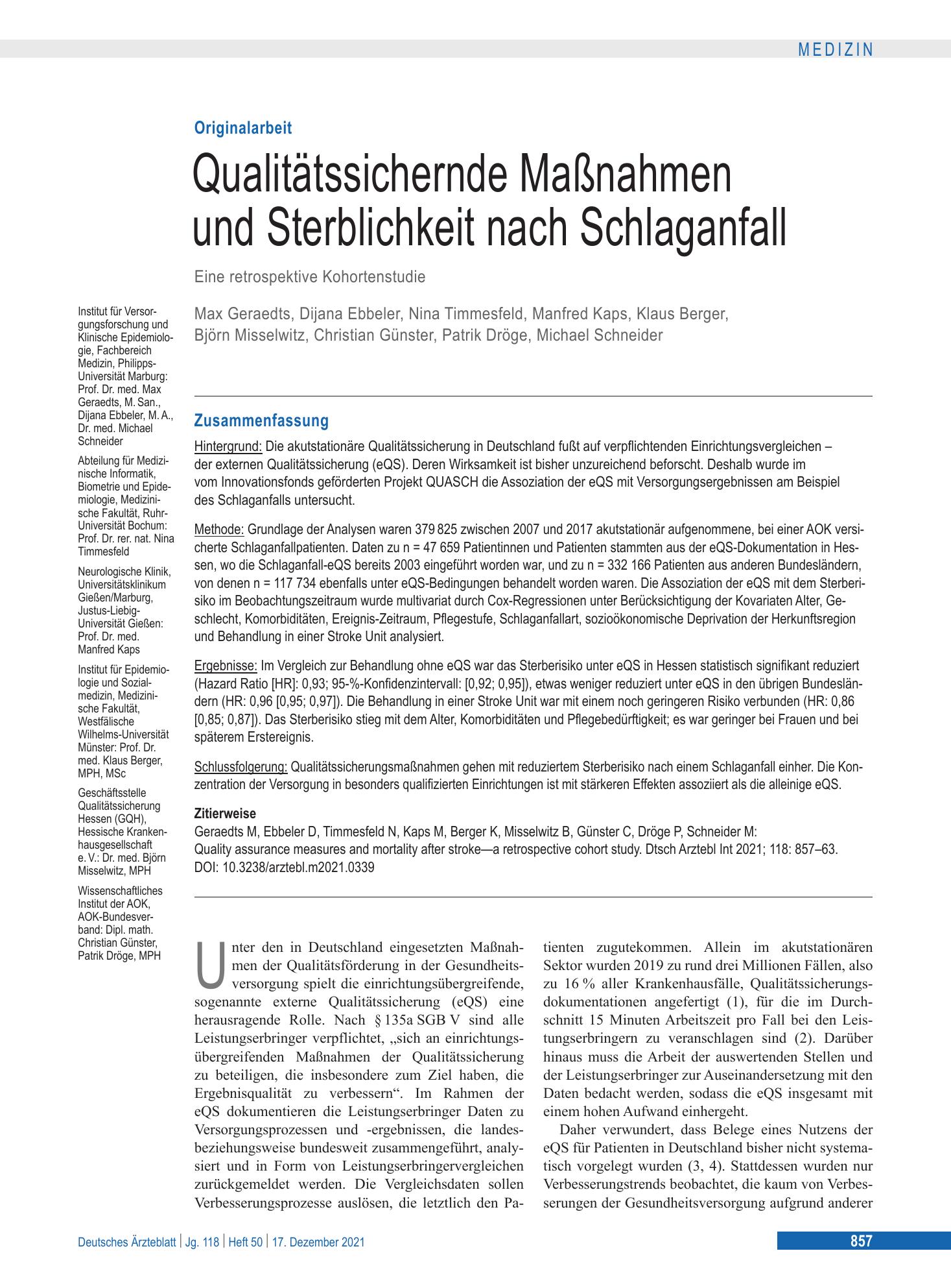 Vorschauseite 1: Qualitätssichernde Maßnahmen und Sterblichkeit nach Schlaganfall – Deutsches Ärzteblatt