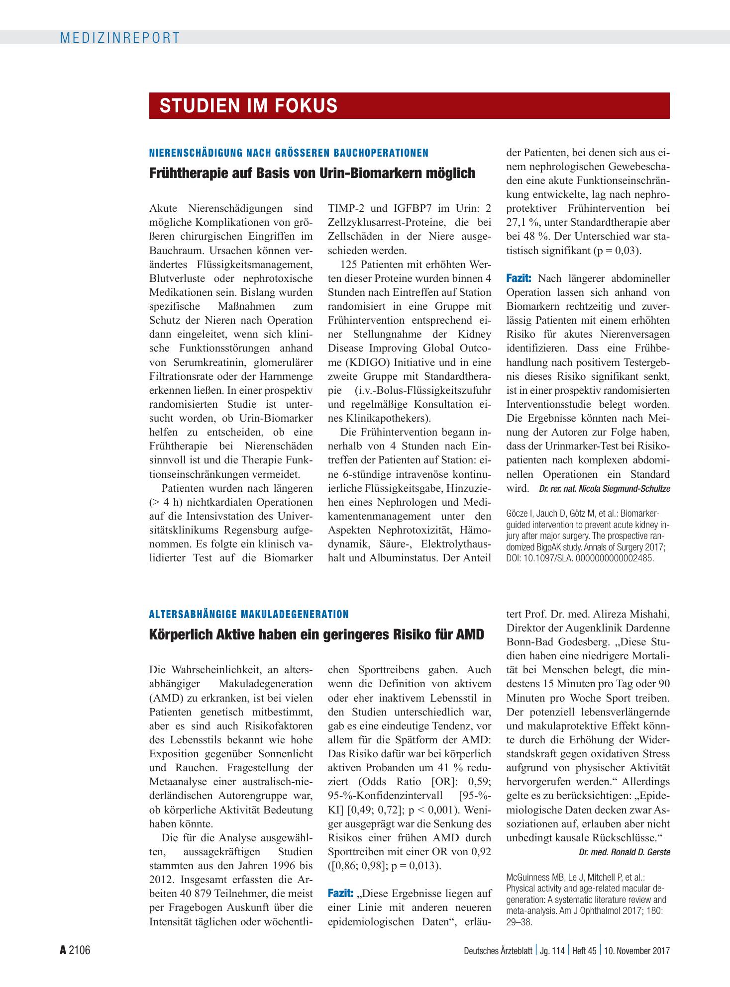 Vorschauseite 1: Altersabhängige Makuladegeneration: Körperlich Aktive haben ein geringeres Risiko für AMD – Deutsches Ärzteblatt