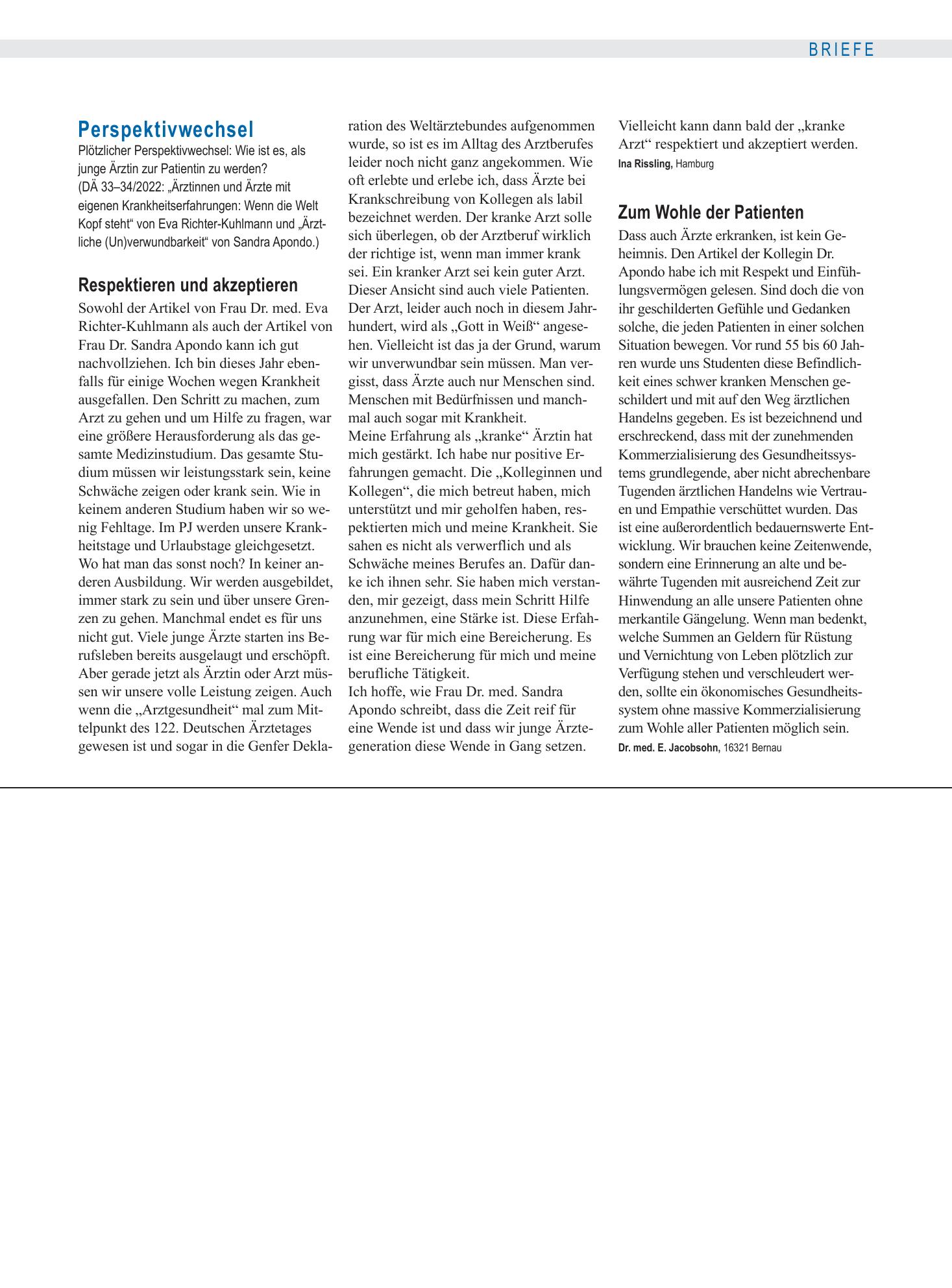 Vorschauseite 1: Perspektivwechsel: Zum Wohle der Patienten – Deutsches Ärzteblatt