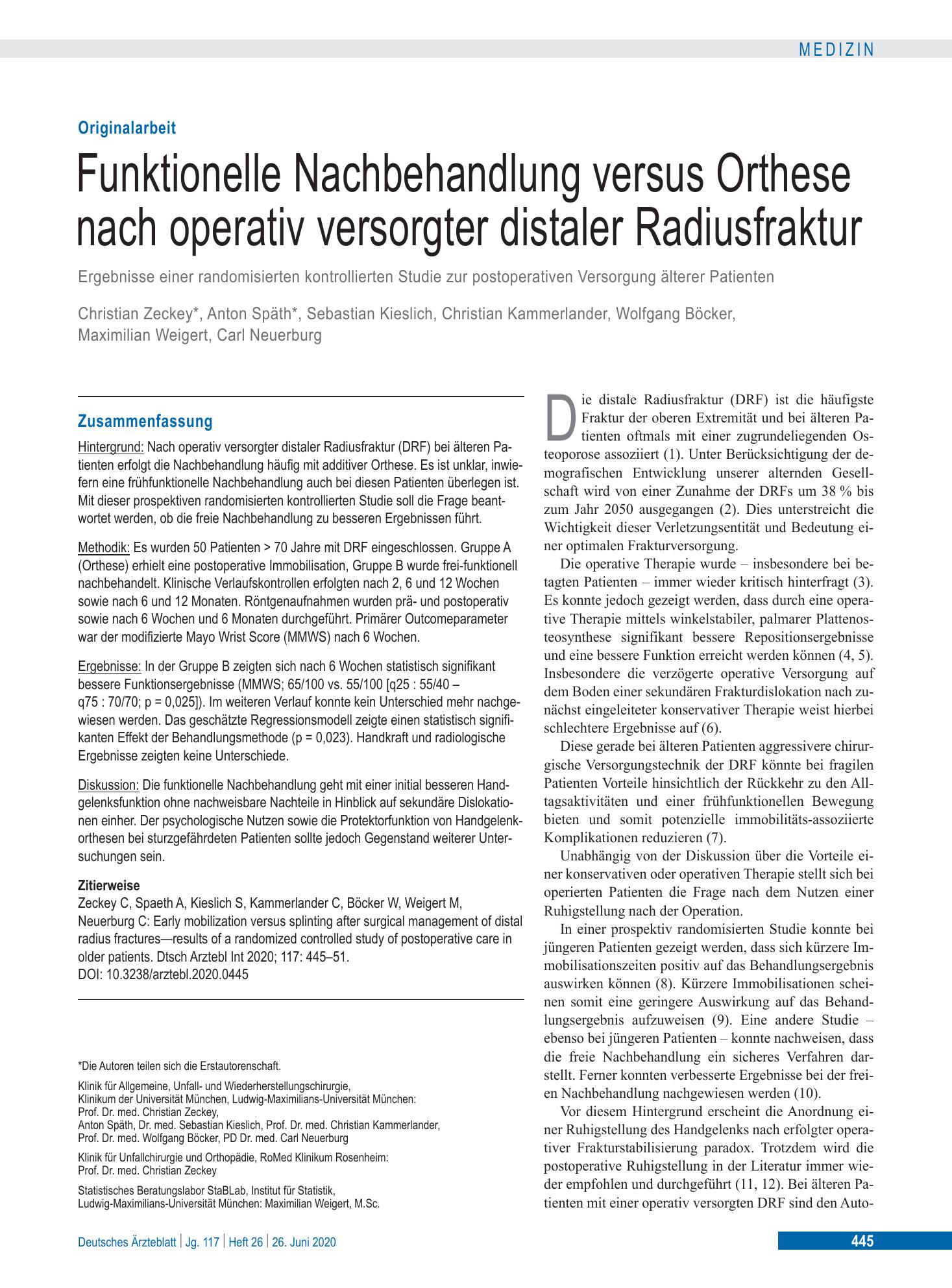Vorschauseite 1: Funktionelle Nachbehandlung versus Orthese nach operativ versorgter distaler Radiusfraktur – Deutsches Ärzteblatt
