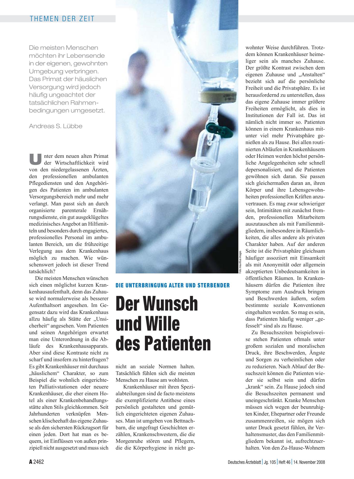 Vorschauseite 1: Die Unterbringung Alter und Sterbender: Der Wunsch und Wille des Patienten – Deutsches Ärzteblatt