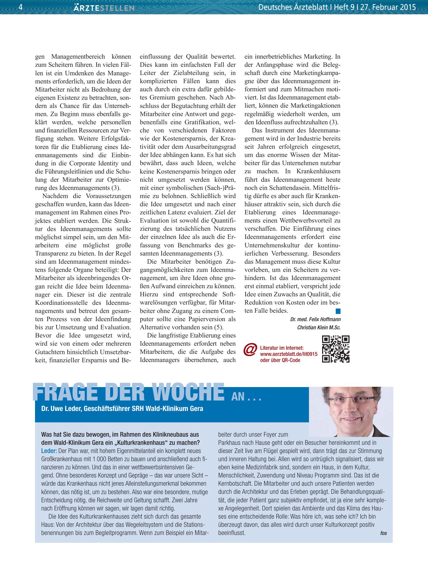 Vorschauseite 1: Frage der Woche an . . . Dr. Uwe Leder, Geschäftsführer SRH Wald-Klinikum Gera – Deutsches Ärzteblatt
