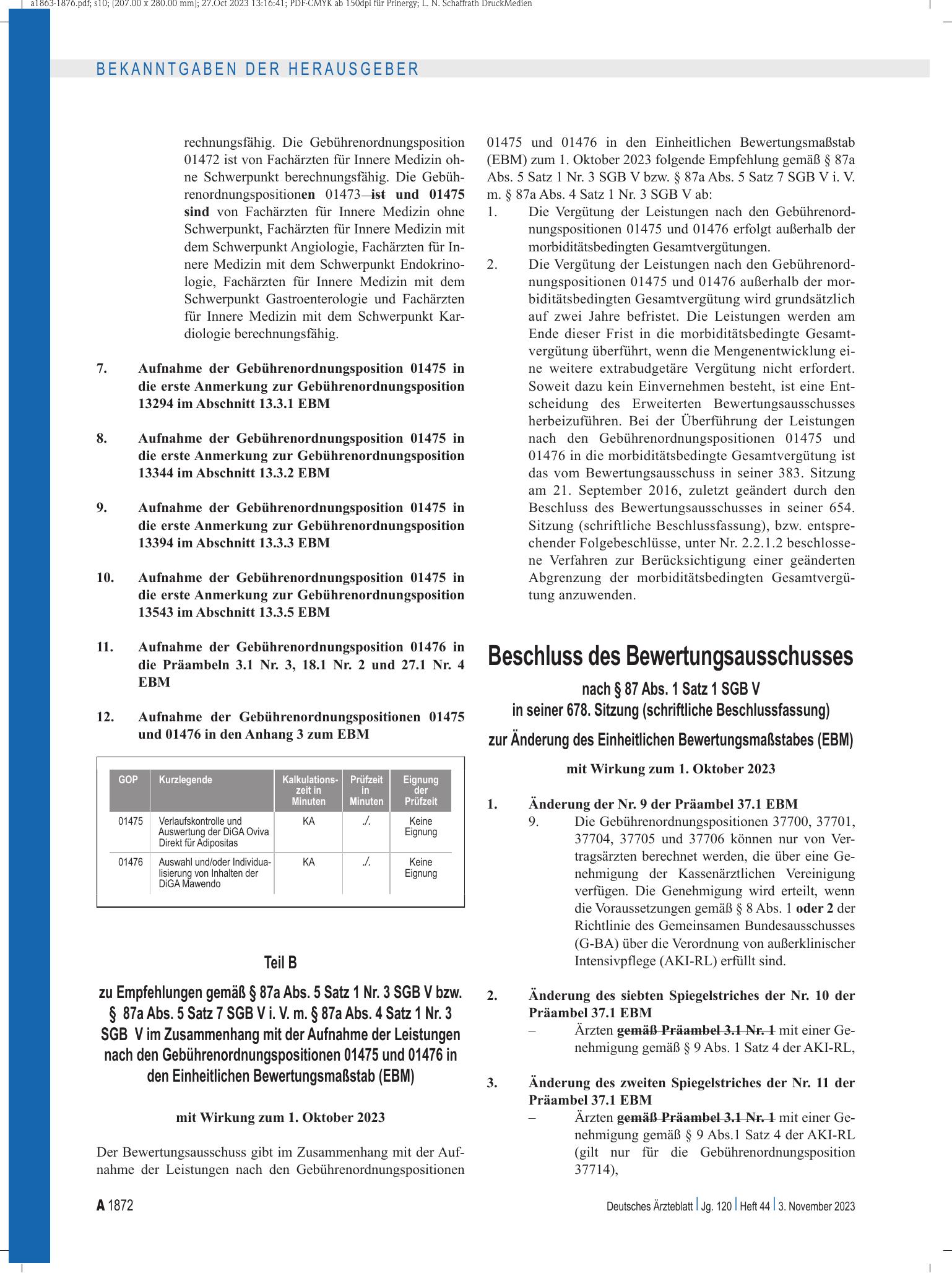 Vorschauseite 1: Beschluss des Bewertungsausschusses nach § 87 Abs. 1 Satz 1 SGB V in seiner 678. Sitzung (schriftliche Beschlussfassung) zur Änderung des Einheitlichen Bewertungsmaßstabes (EBM) –…