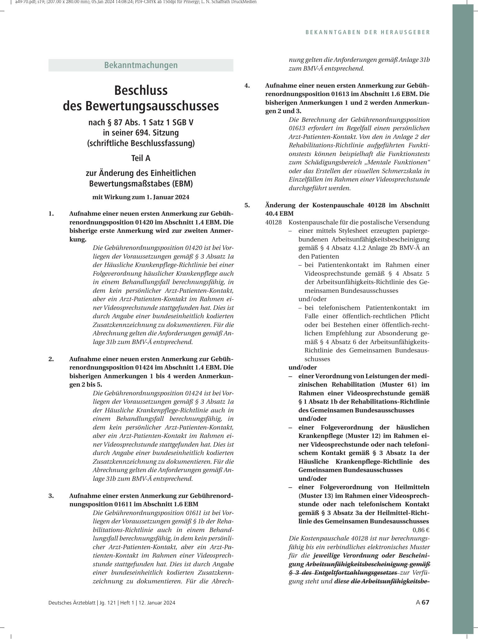 Vorschauseite 1: Beschluss des Bewertungsausschusses nach § 87 Abs. 1 Satz 1 SGB V in seiner 694. Sitzung (schriftliche Beschlussfassung) – Deutsches Ärzteblatt