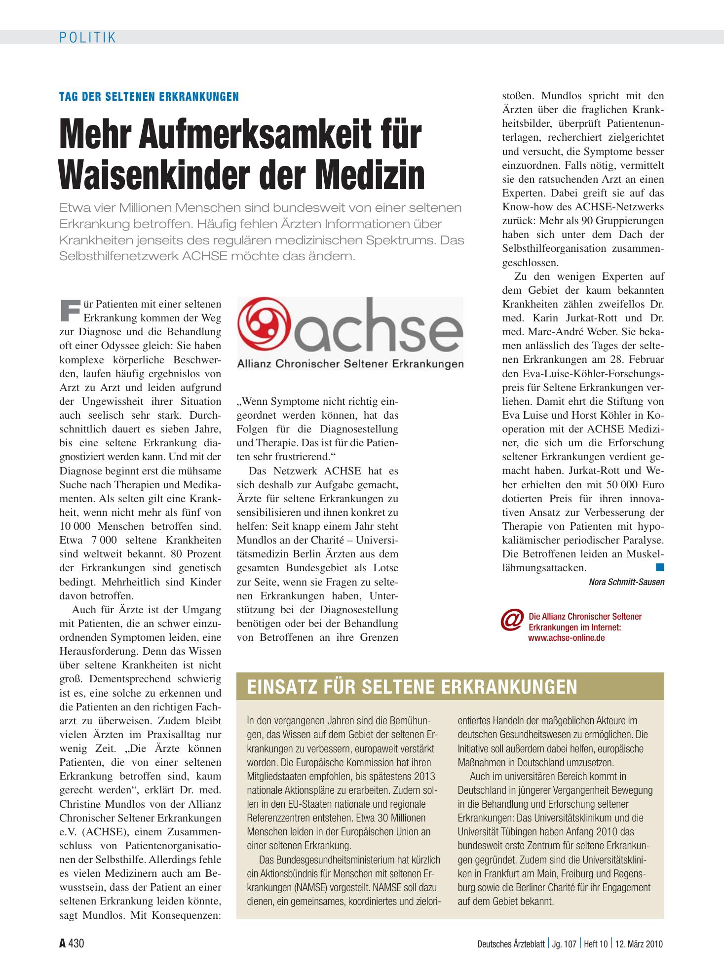 Vorschauseite 1: Tag der seltenen Erkrankungen: Mehr Aufmerksamkeit für Waisenkinder der Medizin – Deutsches Ärzteblatt