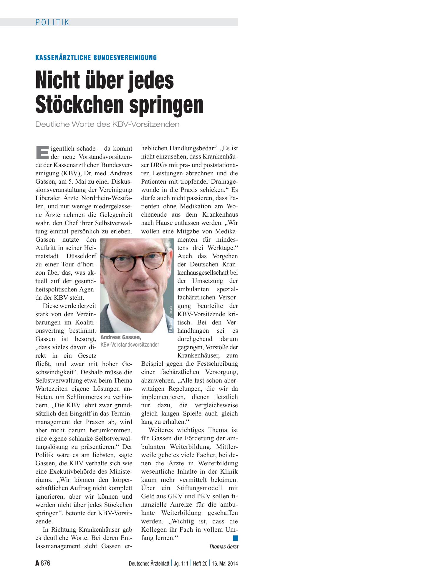 Vorschauseite 1: Kassenärztliche Bundesvereinigung: Nicht über jedes Stöckchen springen – Deutsches Ärzteblatt