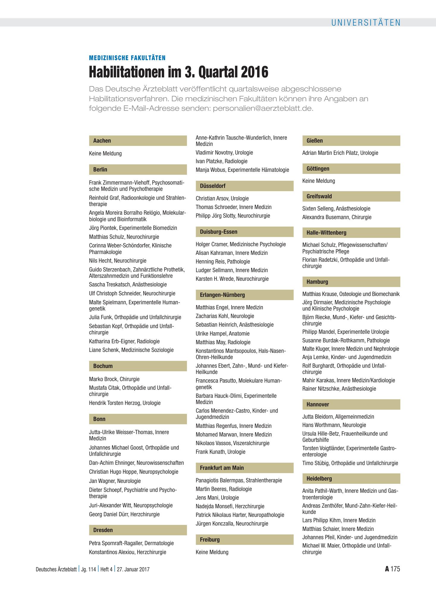 Vorschauseite 1: Medizinische Fakultäten: Habilitationen im 3. Quartal 2016 – Deutsches Ärzteblatt