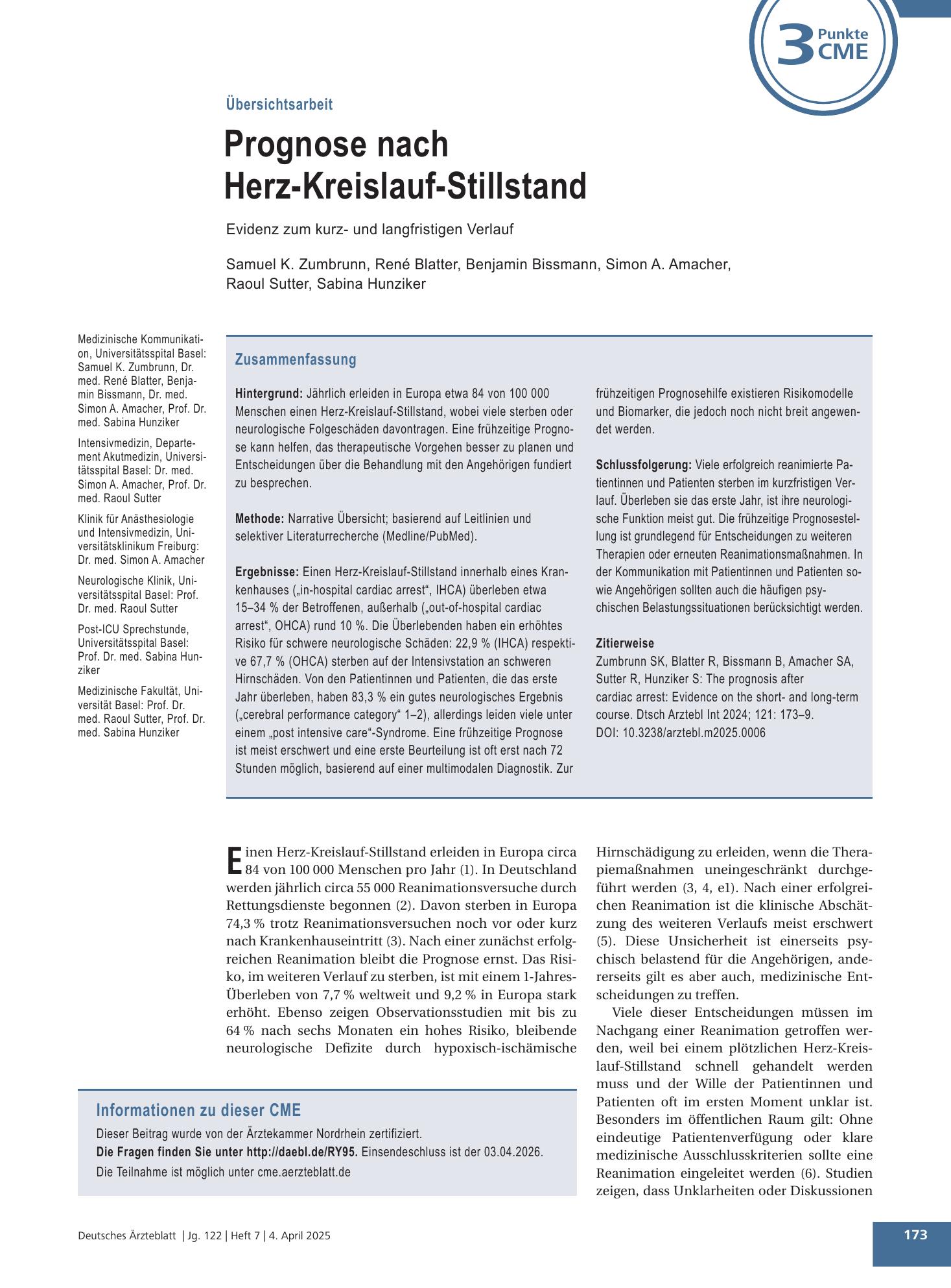 Vorschauseite 1: Prognose nach Herz-Kreislauf-Stillstand – Deutsches Ärzteblatt