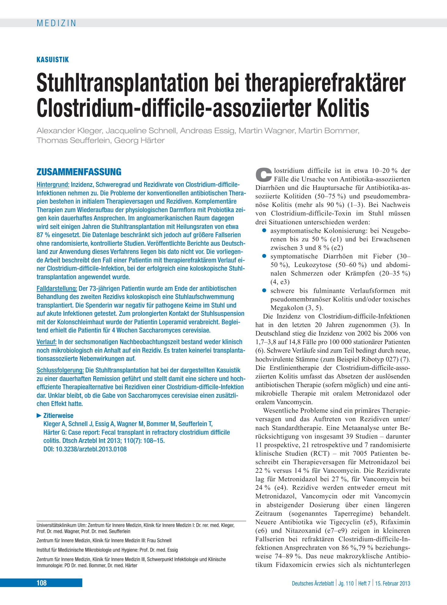 Vorschauseite 1: Stuhltransplantation bei therapierefraktärer Clostridium-difficile-assoziierter Kolitis – Deutsches Ärzteblatt