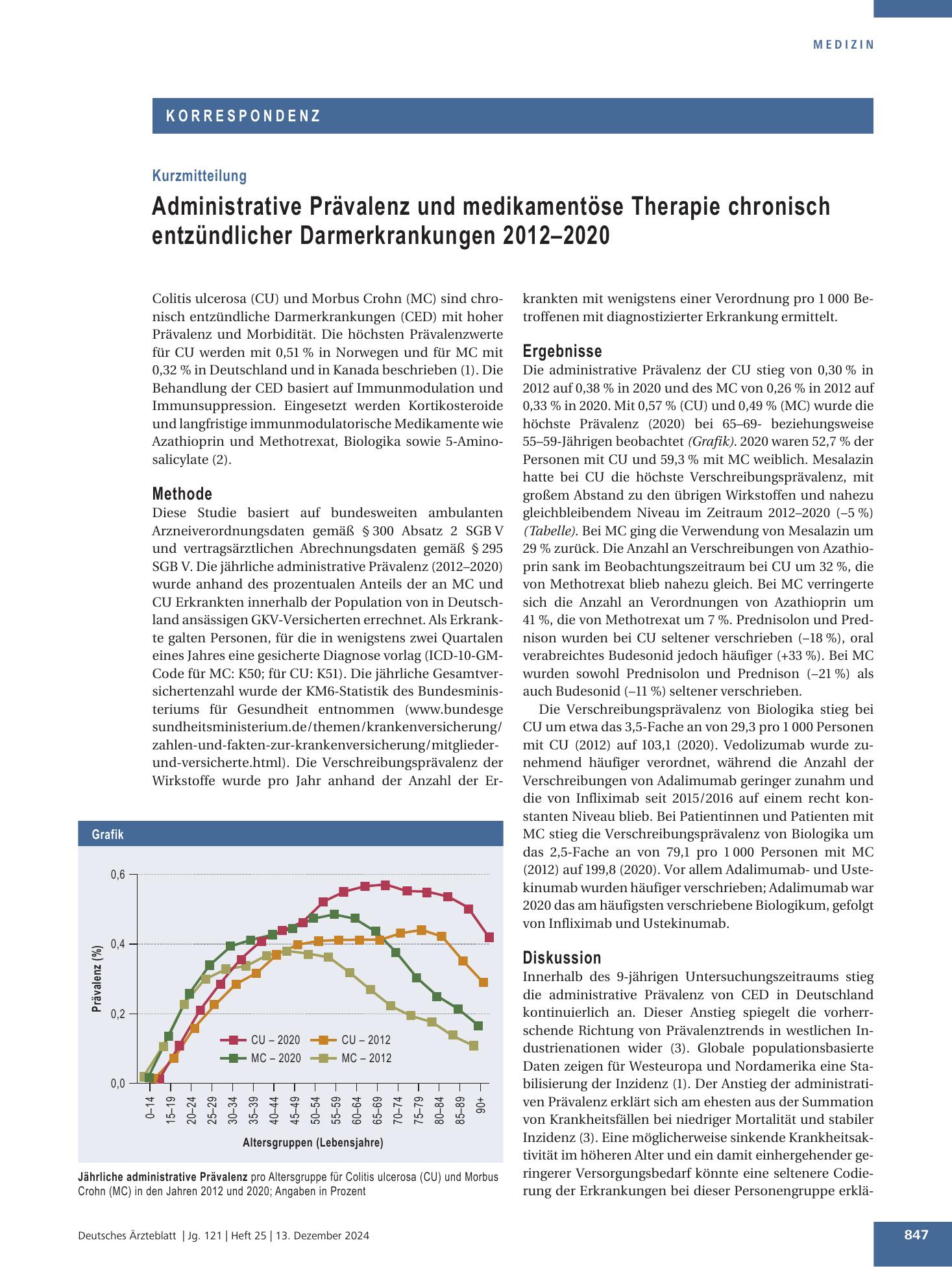 Vorschauseite 1: Administrative Prävalenz und medikamentöse Therapie chronisch entzündlicher Darmerkrankungen 2012–2020 – Deutsches Ärzteblatt