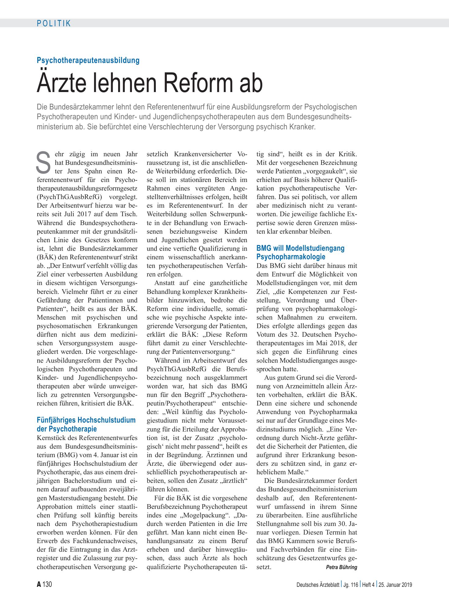 Vorschauseite 1: Psychotherapeutenausbildung: Ärzte lehnen Reform ab – Deutsches Ärzteblatt