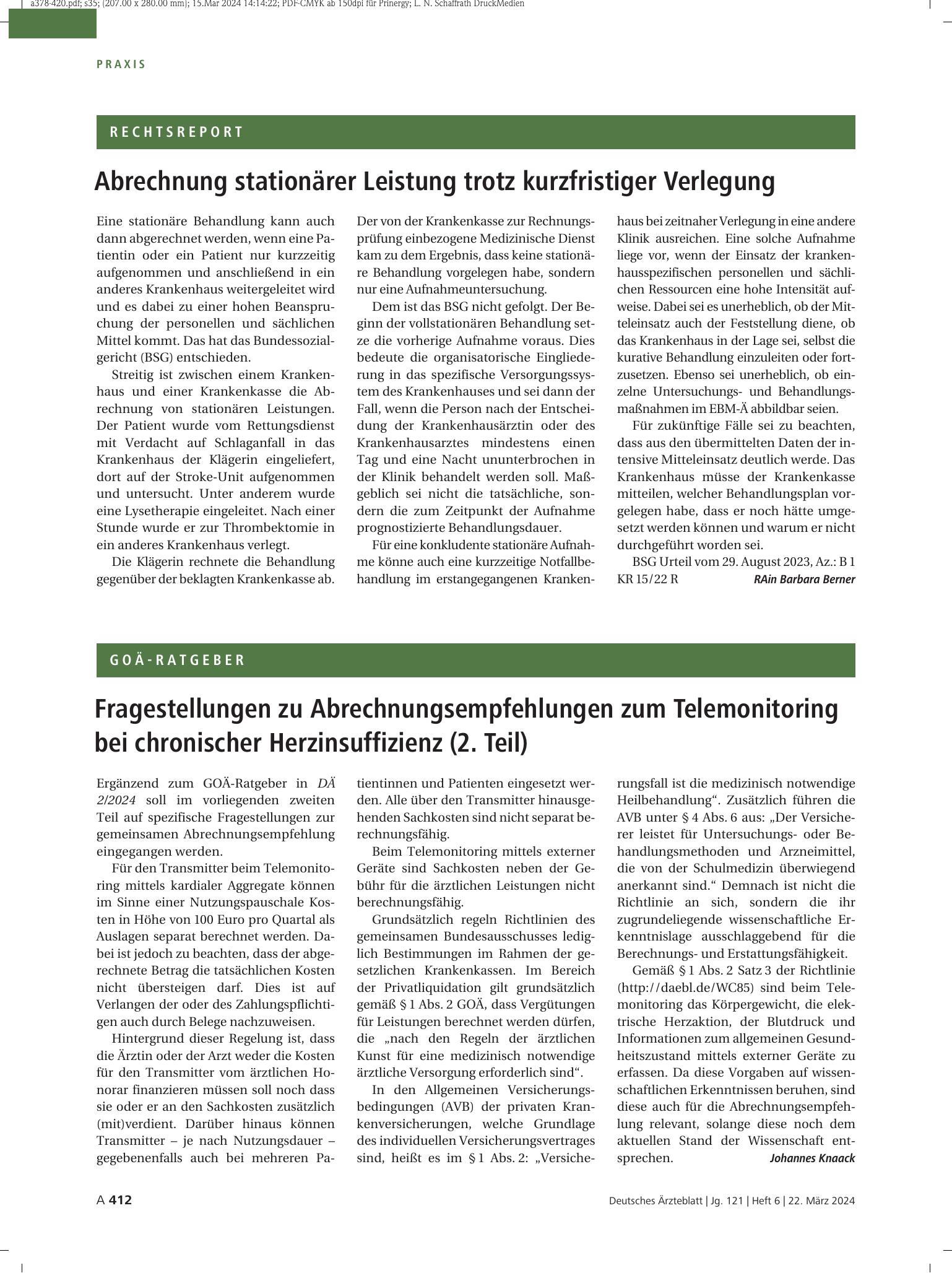 Vorschauseite 1: Fragestellungen zu Abrechnungsempfehlungen zum Telemonitoring bei chronischer Herzinsuffizienz (2. Teil) – Deutsches Ärzteblatt