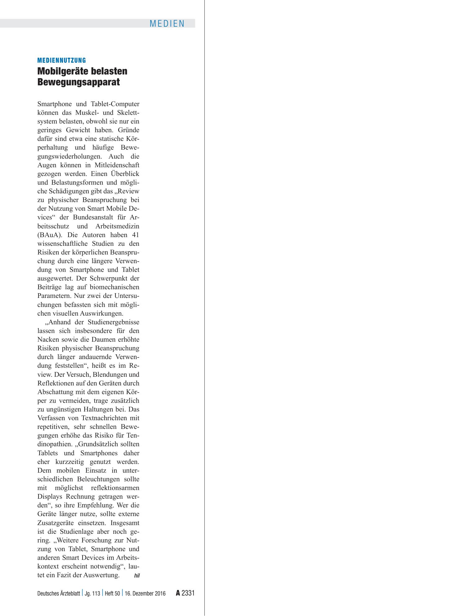 Vorschauseite 1: Mediennutzung: Mobilgeräte belasten Bewegungsapparat – Deutsches Ärzteblatt