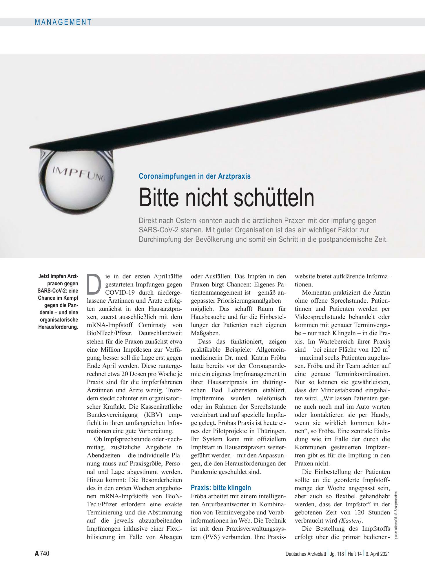 Vorschauseite 1: Coronaimpfungen in der Arztpraxis: Bitte nicht schütteln – Deutsches Ärzteblatt