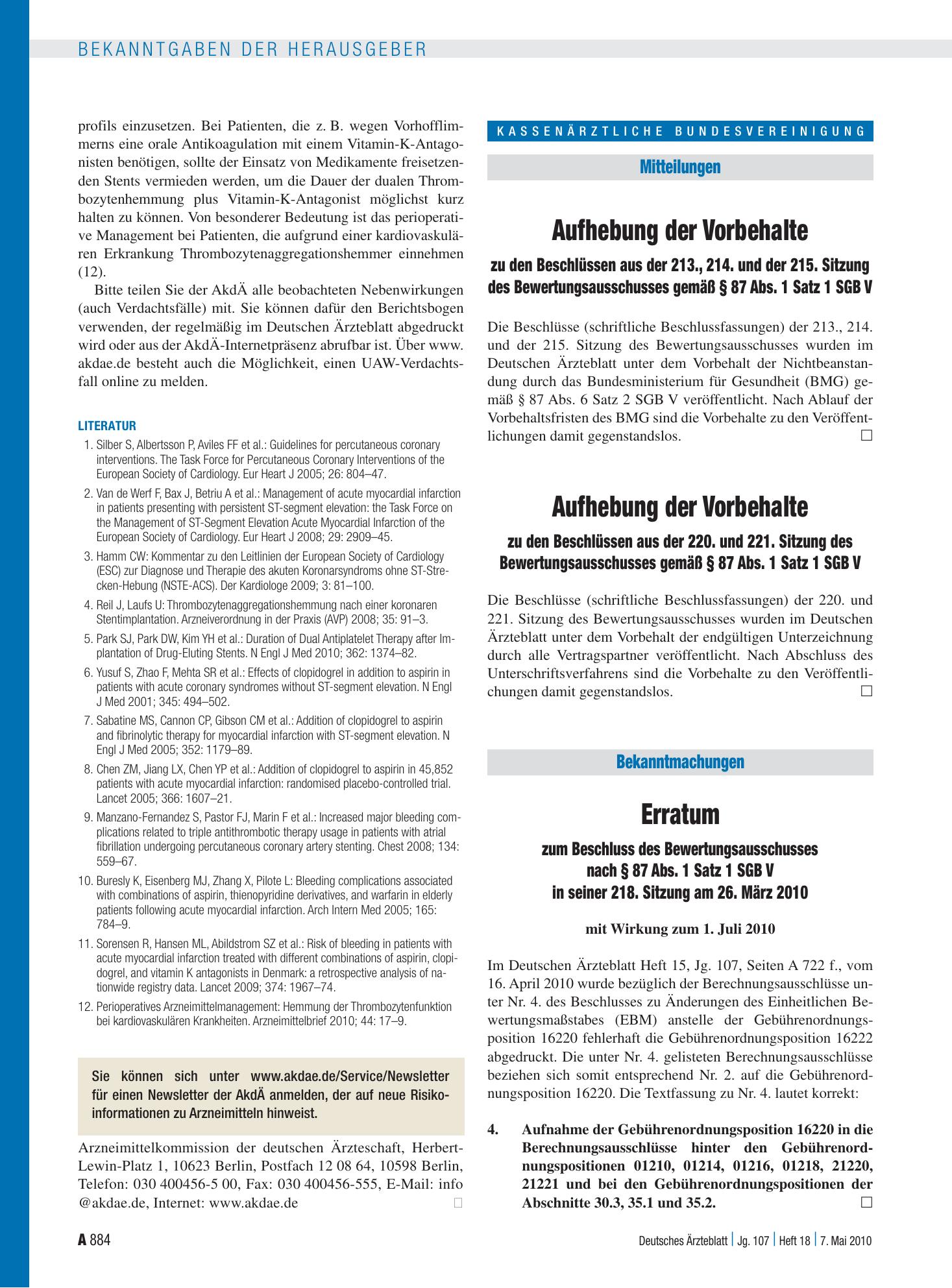 Vorschauseite 1: Aufhebung der Vorbehalte zu den Beschlüssen aus der 220. und 221. Sitzung des Bewertungsausschusses gemäß § 87 Abs. 1 Satz 1 SGB V – Deutsches Ärzteblatt