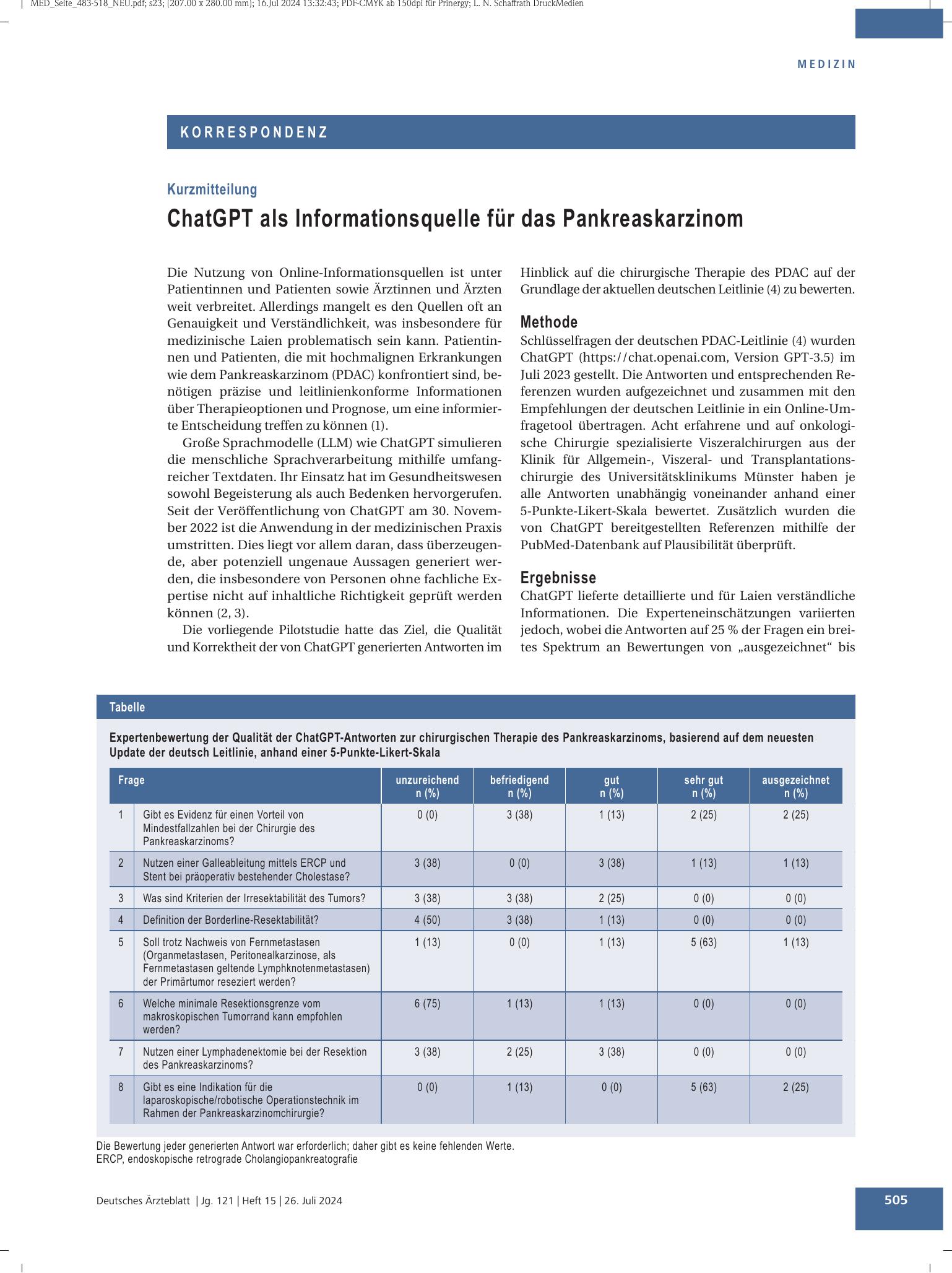 Vorschauseite 1: ChatGPT als Informationsquelle für das Pankreaskarzinom – Deutsches Ärzteblatt