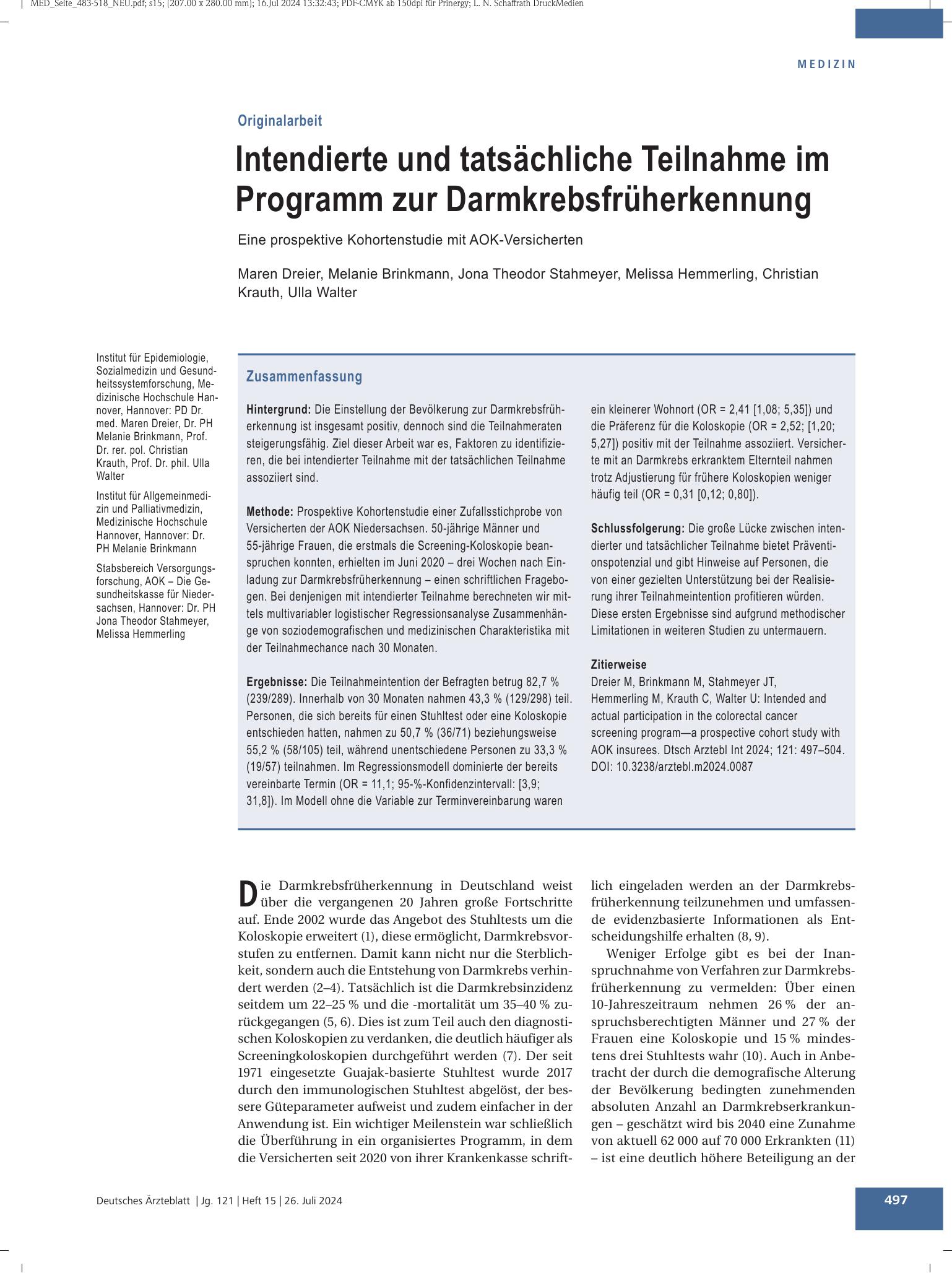 Vorschauseite 1: Intendierte und tatsächliche Teilnahme im Programm zur Darmkrebsfrüherkennung – Deutsches Ärzteblatt