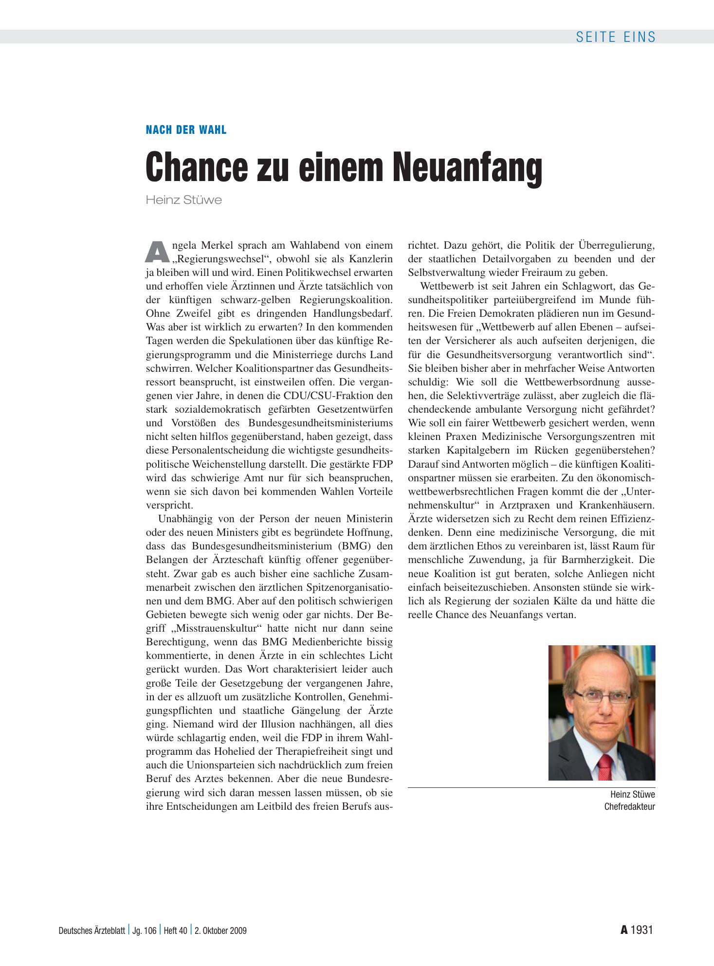 Vorschauseite 1: Nach der Wahl: Chance zu einem Neuanfang – Deutsches Ärzteblatt