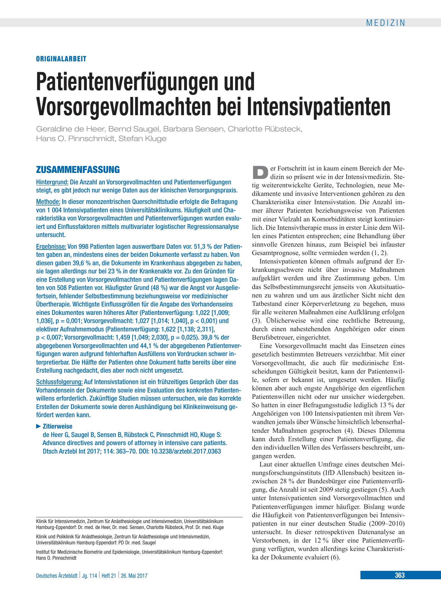 Vorschauseite 1: Patientenverfügungen und Vorsorgevollmachten bei Intensivpatienten – Deutsches Ärzteblatt
