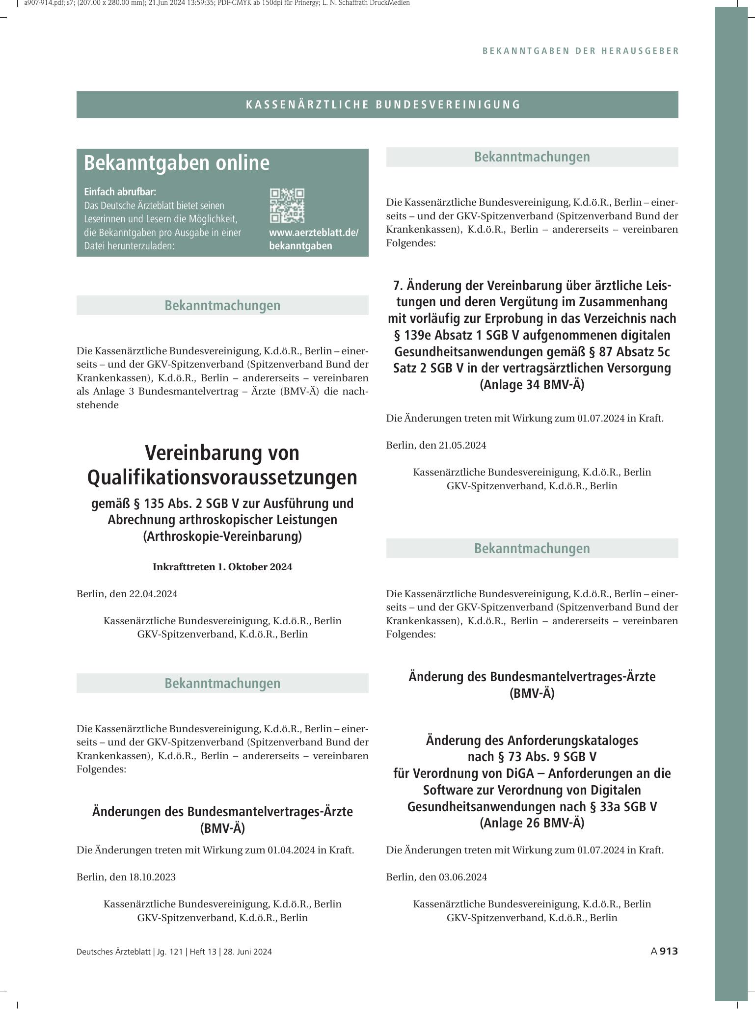 Vorschauseite 1: Änderung des Bundesmantelvertrages-Ärzte (BMV-Ä): Änderung des Anforderungskataloges nach § 73 Abs. 9 SGB V für Verordnung von DiGA – Anforderungen an die Software zur Verordnung…
