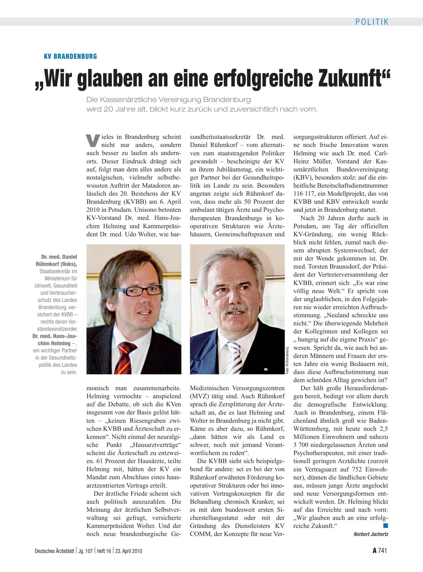 Vorschauseite 1: KV Brandenburg: „Wir glauben an eine erfolgreiche Zukunft“ – Deutsches Ärzteblatt