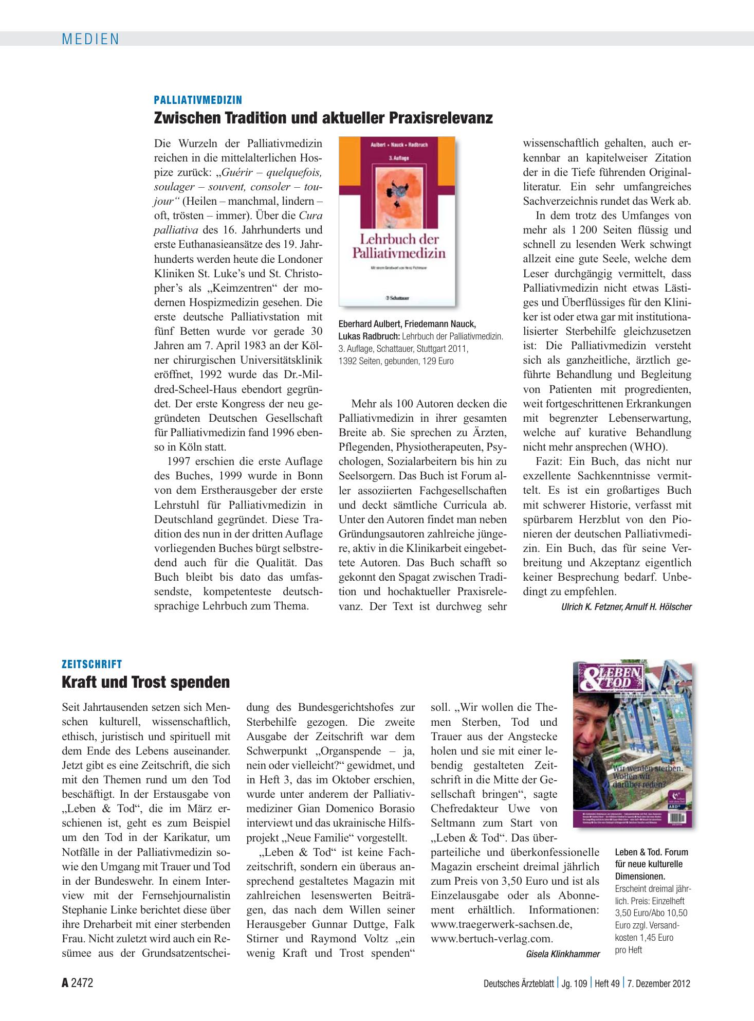 Vorschauseite 1: Zeitschrift: Kraft und Trost spenden – Deutsches Ärzteblatt