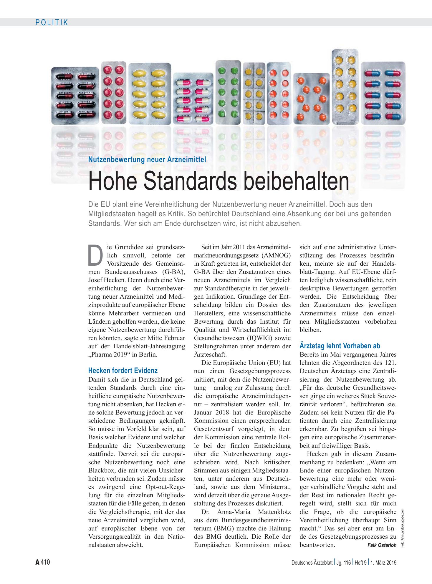 Vorschauseite 1: Nutzenbewertung neuer Arzneimittel: Hohe Standards beibehalten – Deutsches Ärzteblatt
