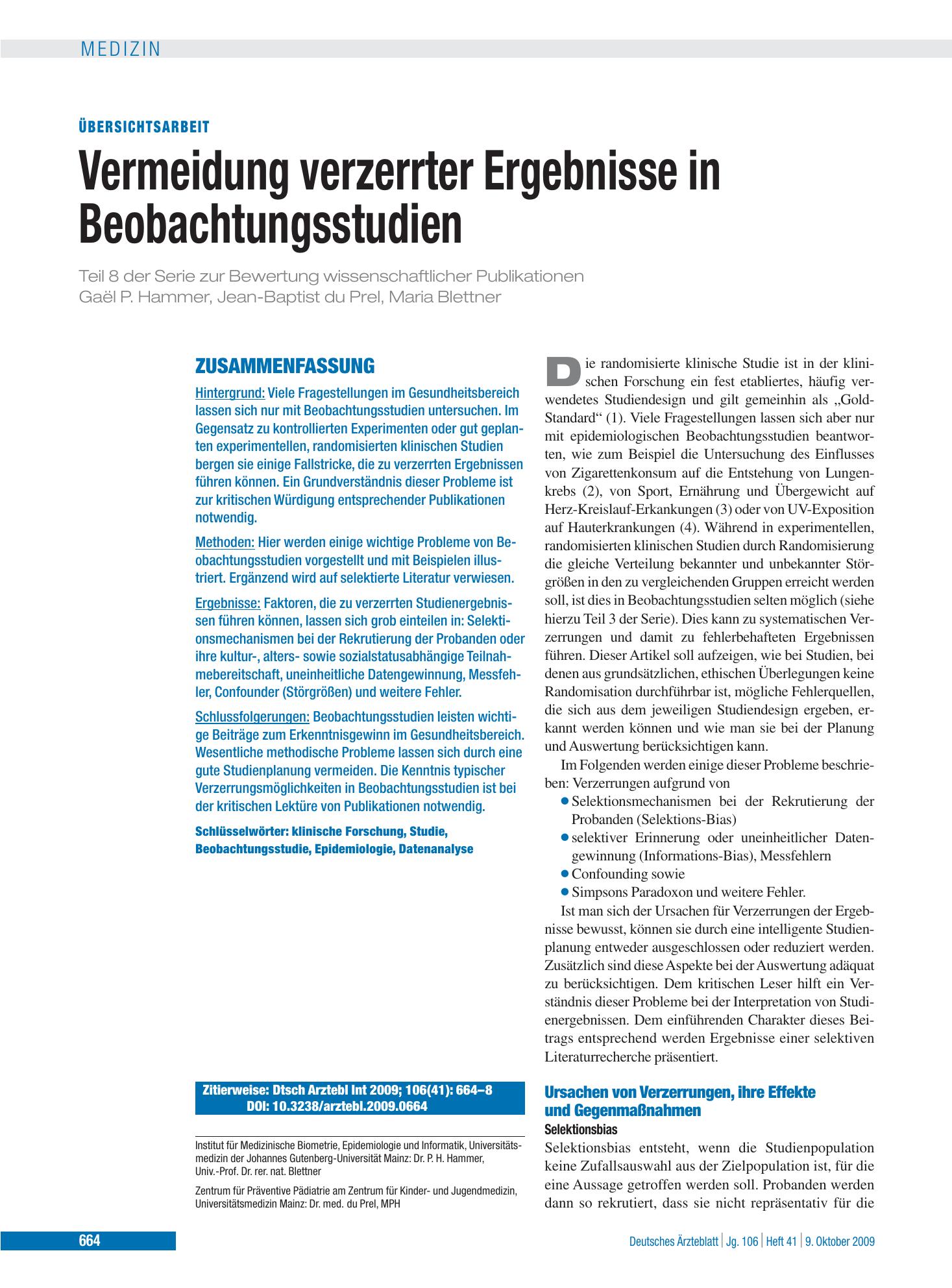 Vorschauseite 1: Vermeidung verzerrter Ergebnisse in Beobachtungsstudien – Deutsches Ärzteblatt