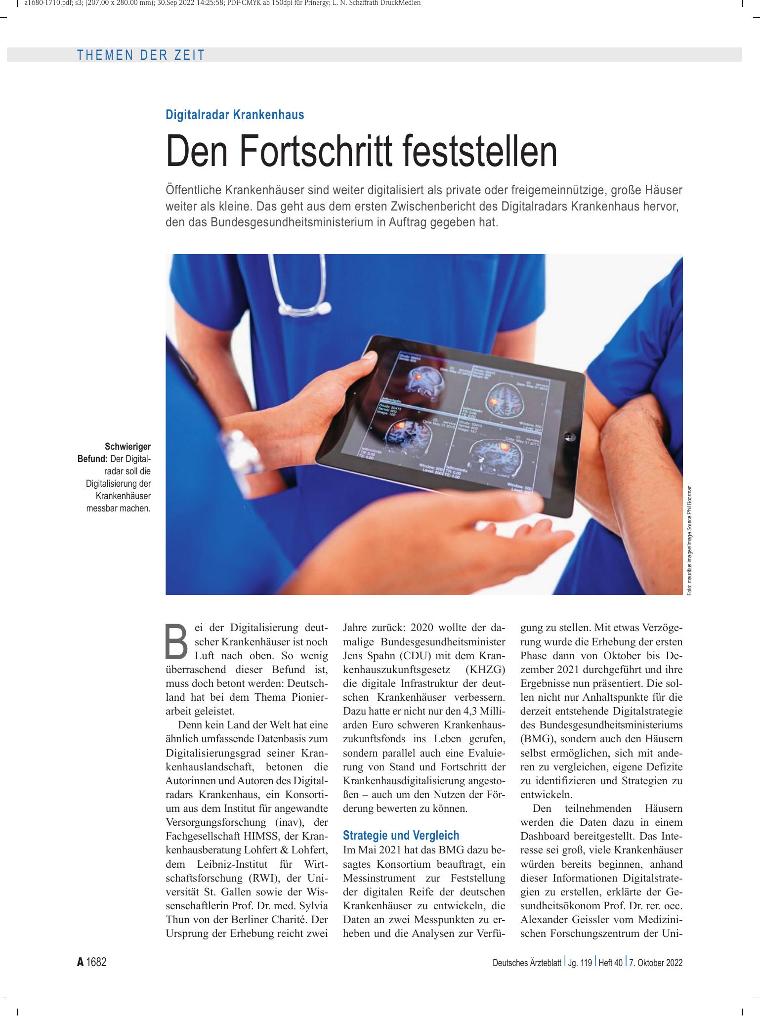 Vorschauseite 1: Digitalradar Krankenhaus: Den Fortschritt feststellen – Deutsches Ärzteblatt