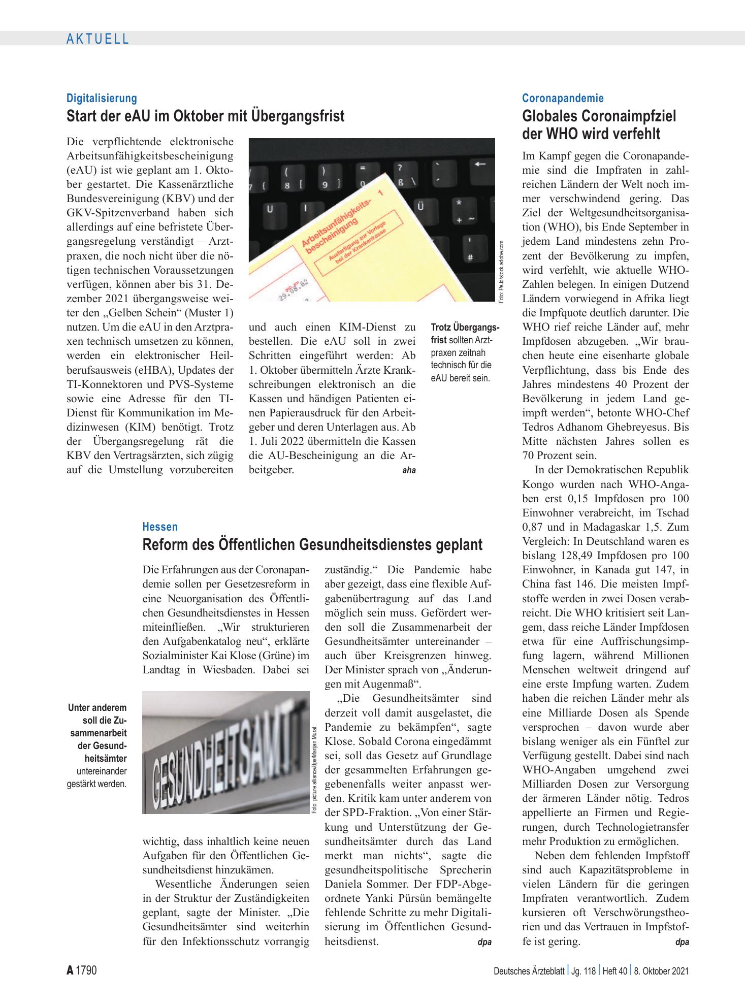 Vorschauseite 1: Digitalisierung: Start der eAU im Oktober mit Übergangsfrist – Deutsches Ärzteblatt