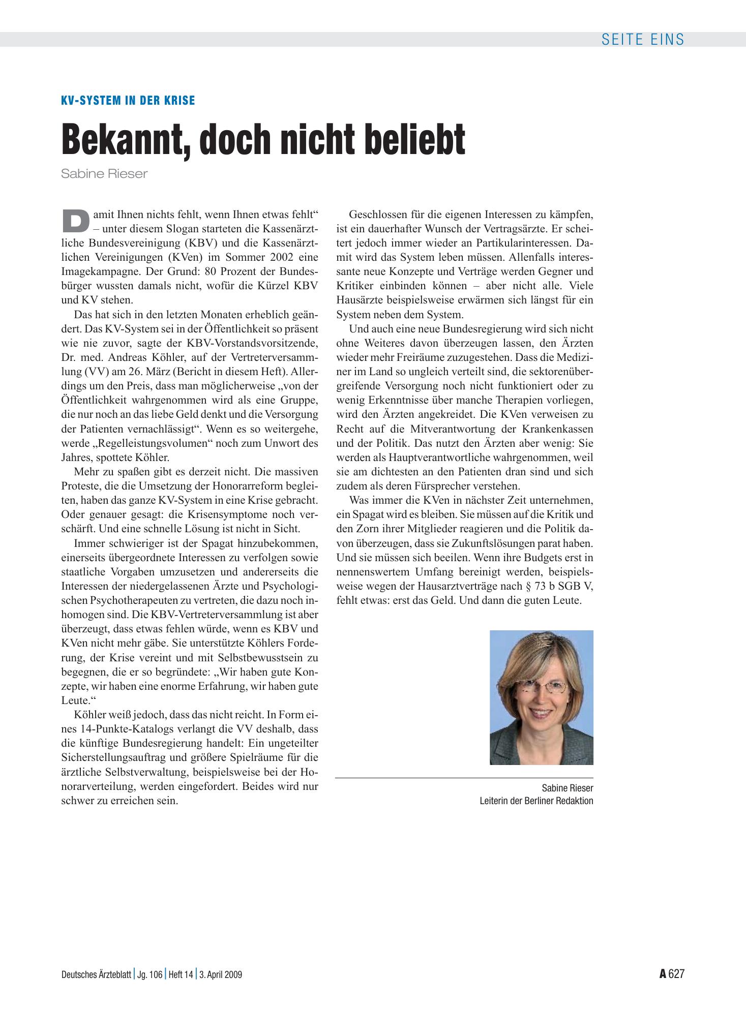 Vorschauseite 1: KV-System in der Krise: Bekannt, doch nicht beliebt – Deutsches Ärzteblatt