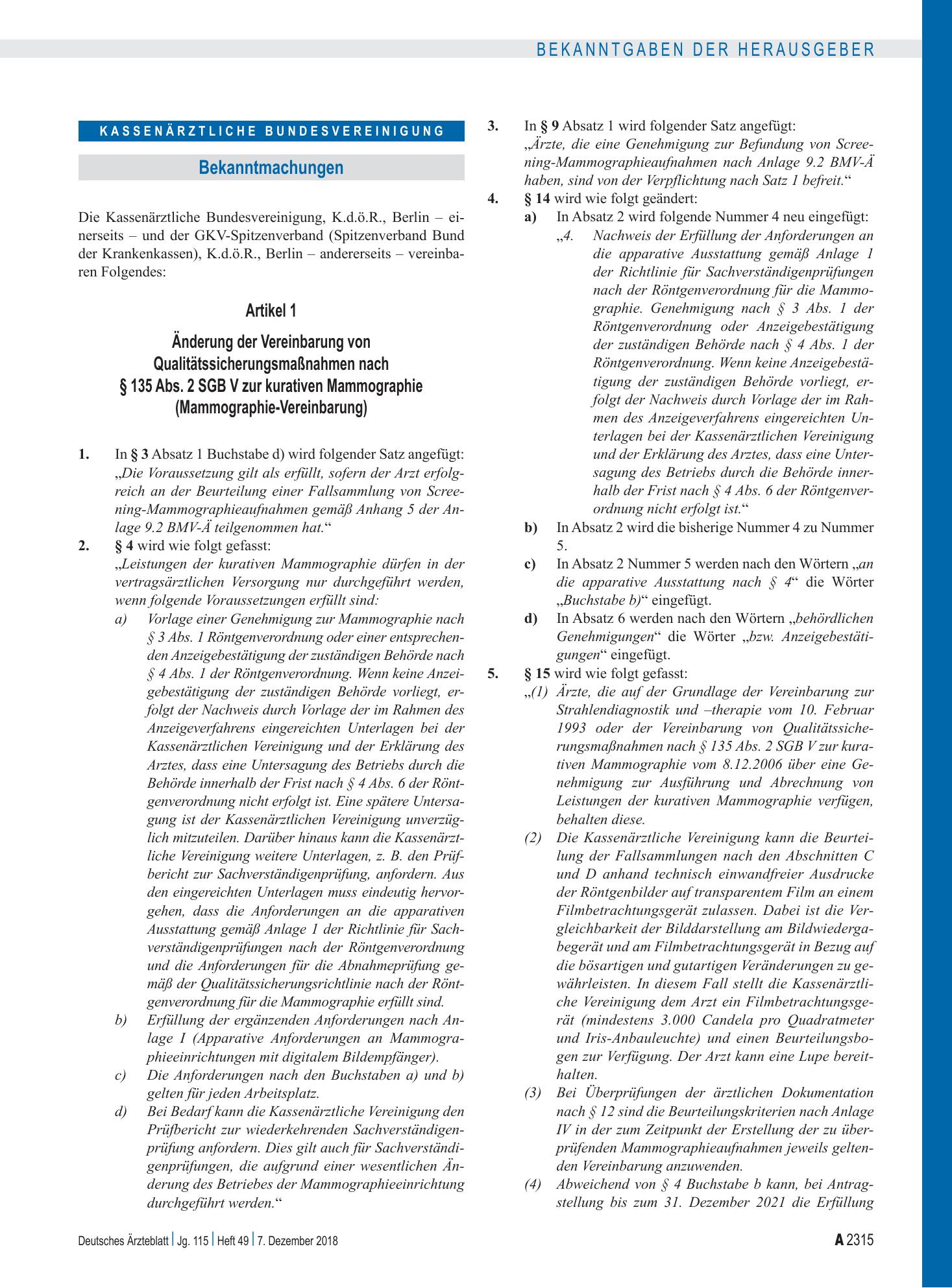 Vorschauseite 1: Artikel 1 – Änderung der Vereinbarung von Qualitätssicherungsmaßnahmen nach § 135 Abs. 2 SGB V zur kurativen Mammographie (Mammographie-Vereinbarung), Artikel 2, Inkrafttreten – D…