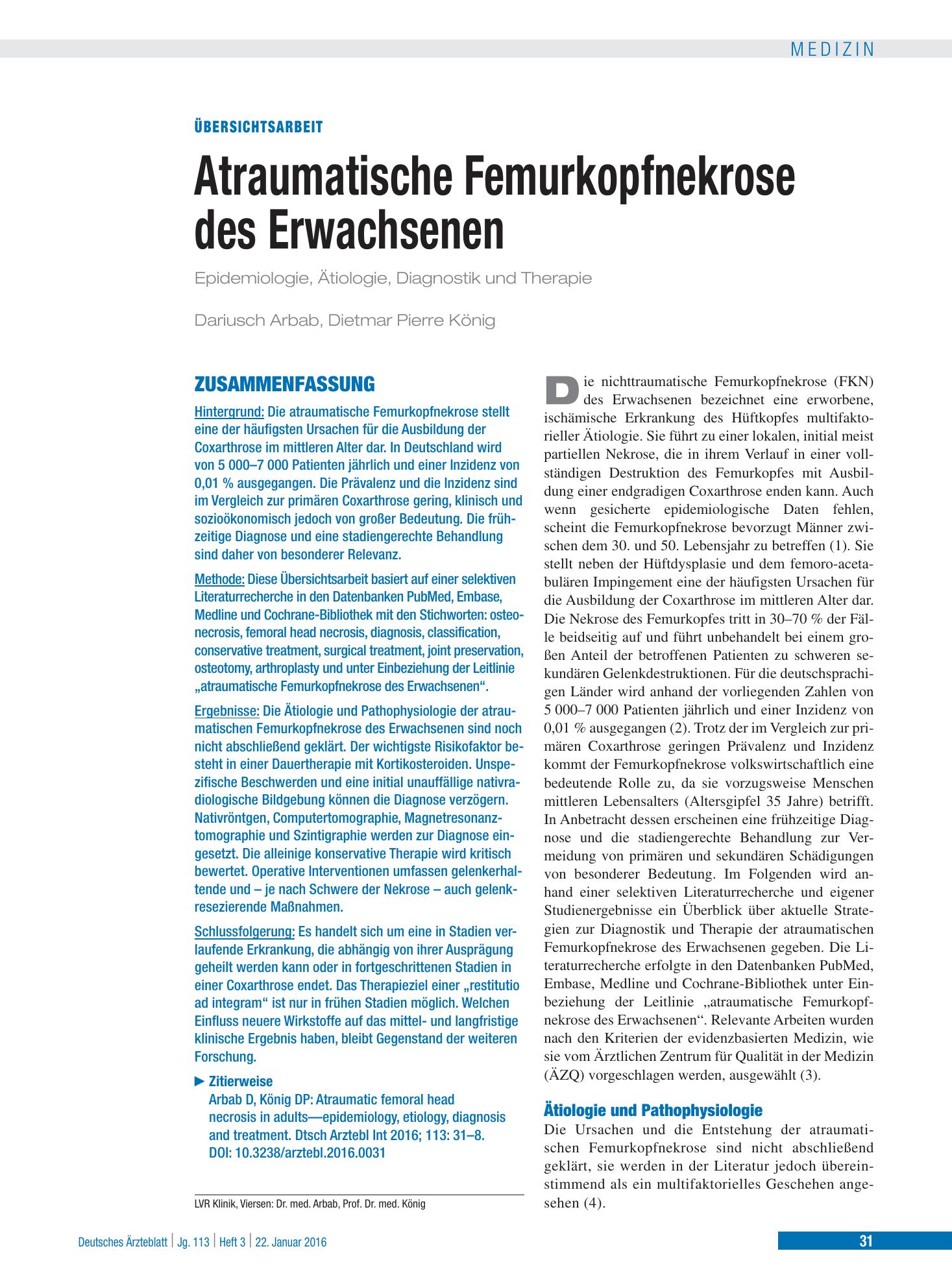 Vorschauseite 1: Atraumatische Femurkopfnekrose des Erwachsenen – Deutsches Ärzteblatt