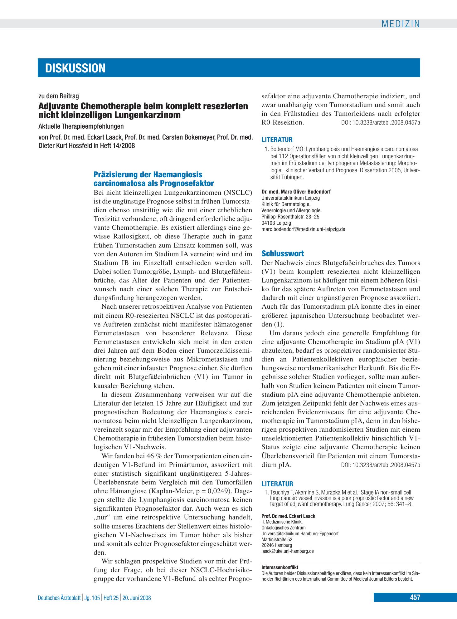 Vorschauseite 1: Adjuvante Chemotherapie beim komplett resezierten nicht kleinzelligen Lungenkarzinom - aktuelle Therapieempfehlungen: Präzisierung der Haemangiosis carcinomatosa als Prognosefakto…